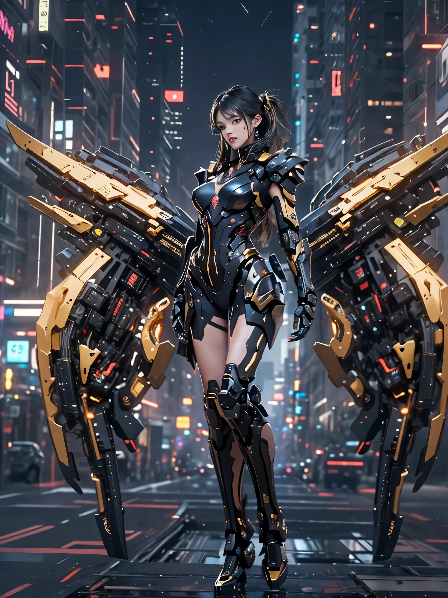 best image quality，excellent details，ultra high resolution，（fidelity：1.4），best illustrations，Focus on the details，daughter，Mecha wing，Futuristic city with beautiful background，((night:1.2))，beauty of android、black hair、19 years old、Neat and detailed facial features、beautiful girl、gal makeup、Full mechanical armor based on black and gold、banshee、backpack unit（inorganic mechanical wing:1.4）Cyberpunk characters，（holding an assault rifle in hand:1.3）（Acrobatic Poses）volume light