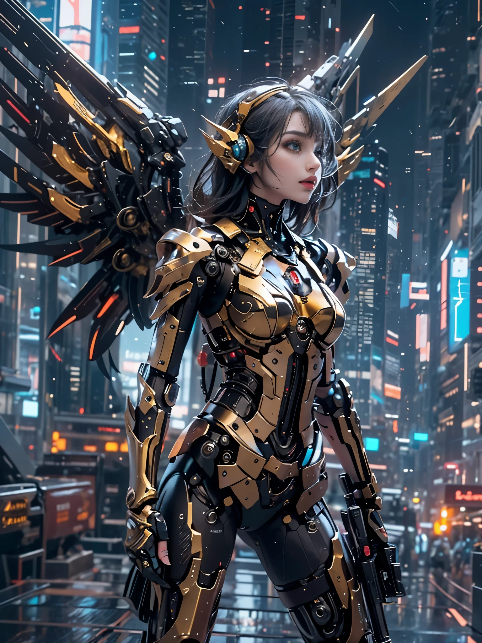 best image quality，excellent details，ultra high resolution，（fidelity：1.4），best illustrations，Focus on the details，daughter，Mecha wing，Futuristic city with beautiful background，((night:1.2))，beauty of android、black hair、19 years old、Neat and detailed facial features、beautiful girl、gal makeup、Full mechanical armor based on black and gold、banshee、backpack unit（inorganic mechanical wing:1.4）Cyberpunk characters，（holding an assault rifle in hand:1.3）（Acrobatic Poses）volume light