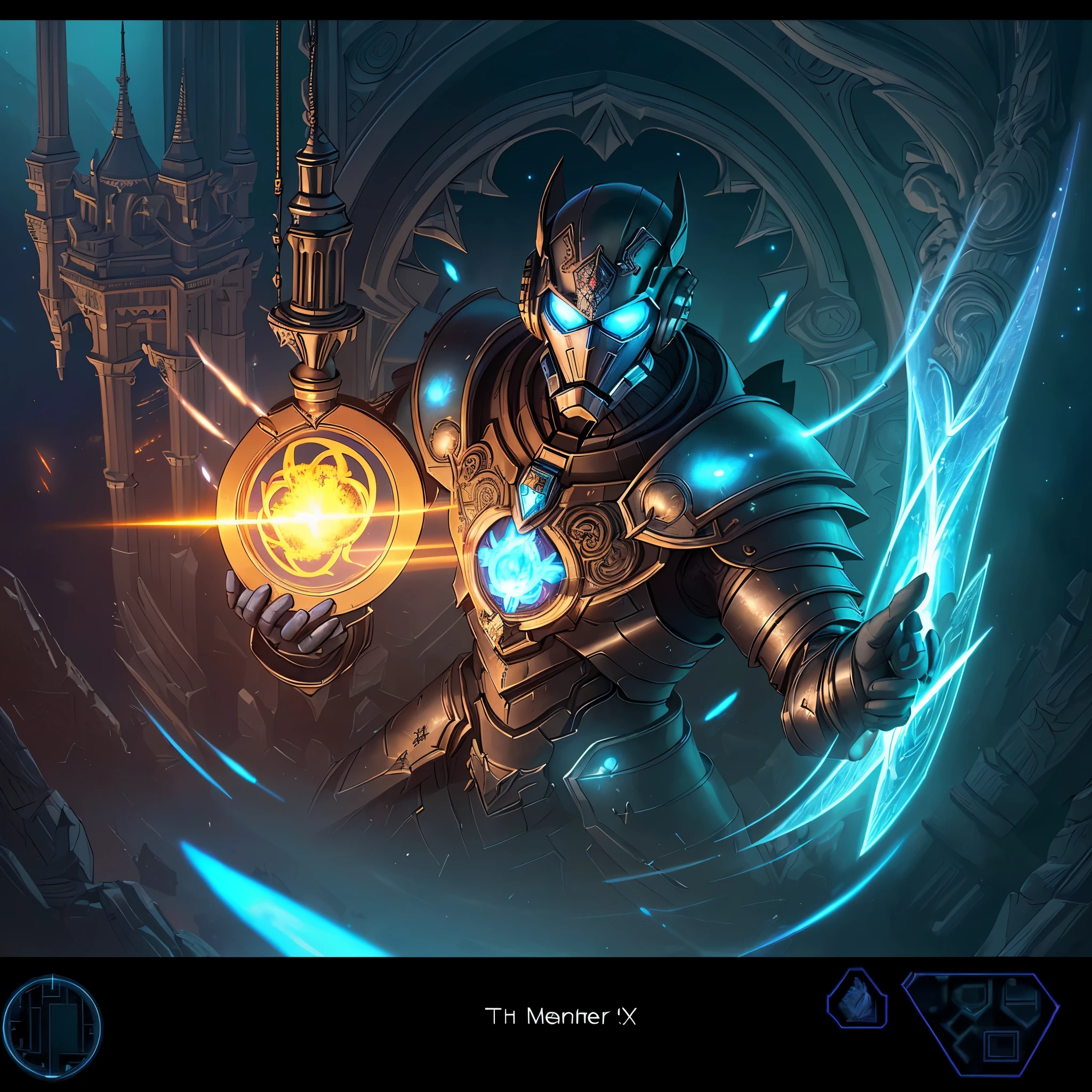 (Man in magically powered half-plate armor with arcane reactor in center of chest and a shield hovering above a gothic cathedral with his droid companion)=1.6, Unholy Bioluminescent Flame,earnst haeckel, james jean. generative art, baroque, intricate patterns=1.1, fractalism, movie still, photorealistic, intricate, elegant=1.4, highly detailed, artstation, smooth, sharp focus, illustration, outrun, vaporware,epic wide angle shot, angle from above, (Golden Death Mask) = 1.45, cinematic lighting, blank stare:yawning, (looking at viewer), {Masterpiece}, ((Massive Unholy blue flame meteors falling in background))=1.7, 1man, tonemapping, best lighting, (((Framed Character Portrait))), (Hextech:Drone with a laser in background)
