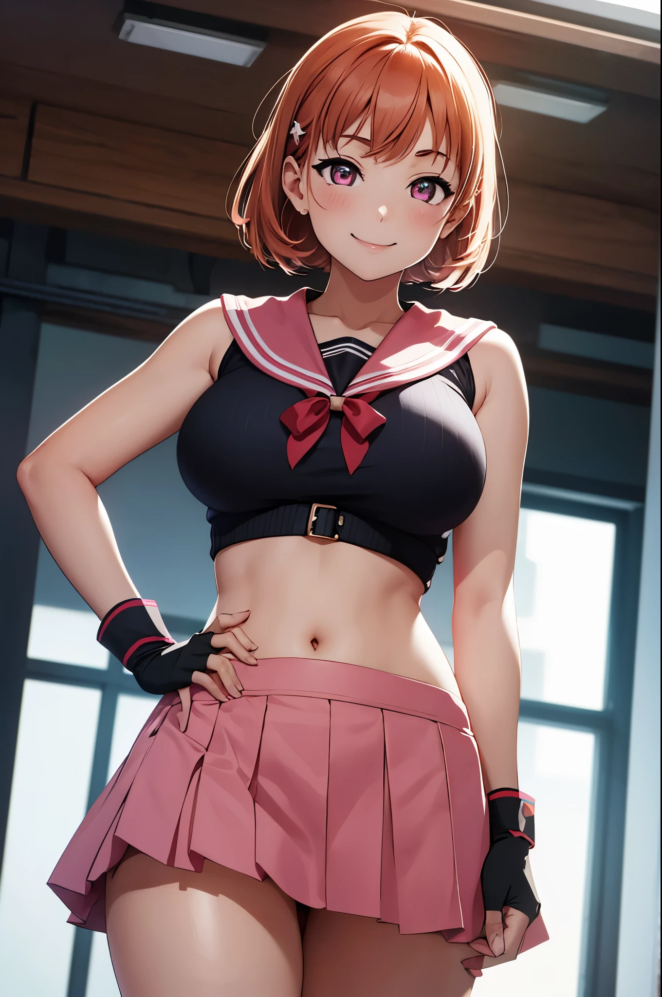 (best quality,4k,8k,highres,masterpiece:1.2), ultra-detailed,takami chika, pink eyes,sailor top, school skirt, navel, standing ,one hand on hip another hand on head,slightly excited and smile, sleeveless, thighs, cowboy shot, hair ornamen ,big breasts , navel ,ass visible through thighs , fingerless gloves 