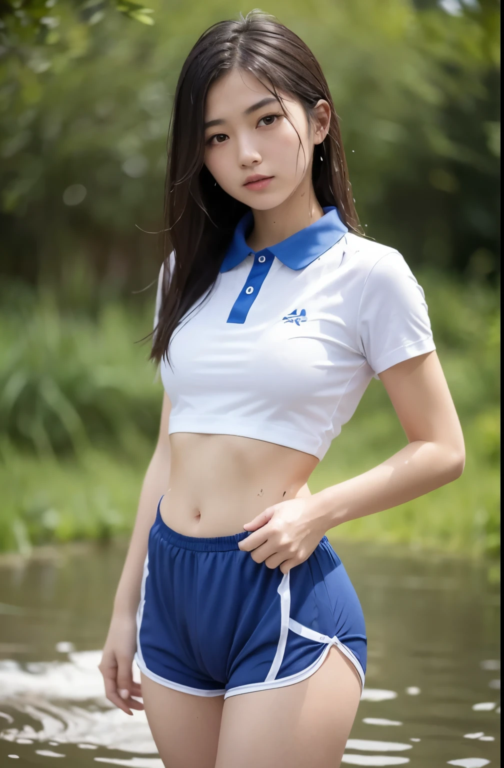 best quality, masterpiece, ultra high resolution, original photo, (lifelike:1.4), 1 girl, Detailed face, cowboy shooting, exist (Tight blue collar white shirt, Tight high-cut blue sports shorts,white transparent),exist学校厕所里，complexion，complexion，躺exist充满水的浴缸里，躺exist充满水的浴缸里，legs spread，legs spread，Turbulent posture，Turbulent posture，big breasts, Raised nipples, Raised nipples,Raised nipples,Unbuttoned clothes,split,The whole body is soaked with clothes, The whole body is soaked with clothes, Wet clothes cling to the body, Wet clothes cling to the body, (Willow Yao:1.2), long hair, Bokeh, beautiful lightexistg, model posexistg, Perfect body，Nice face， beautiful girl，Pull up the posing to reveal underwear，legs spread，There is thick liquid flowing down the inside of the leg，The front of the pants is soaked，transparent underwear，The small slit below is recessed，Water leaked from the small slit and soaked the underwear，Anterior top of the crotch，Pubic hair exposed