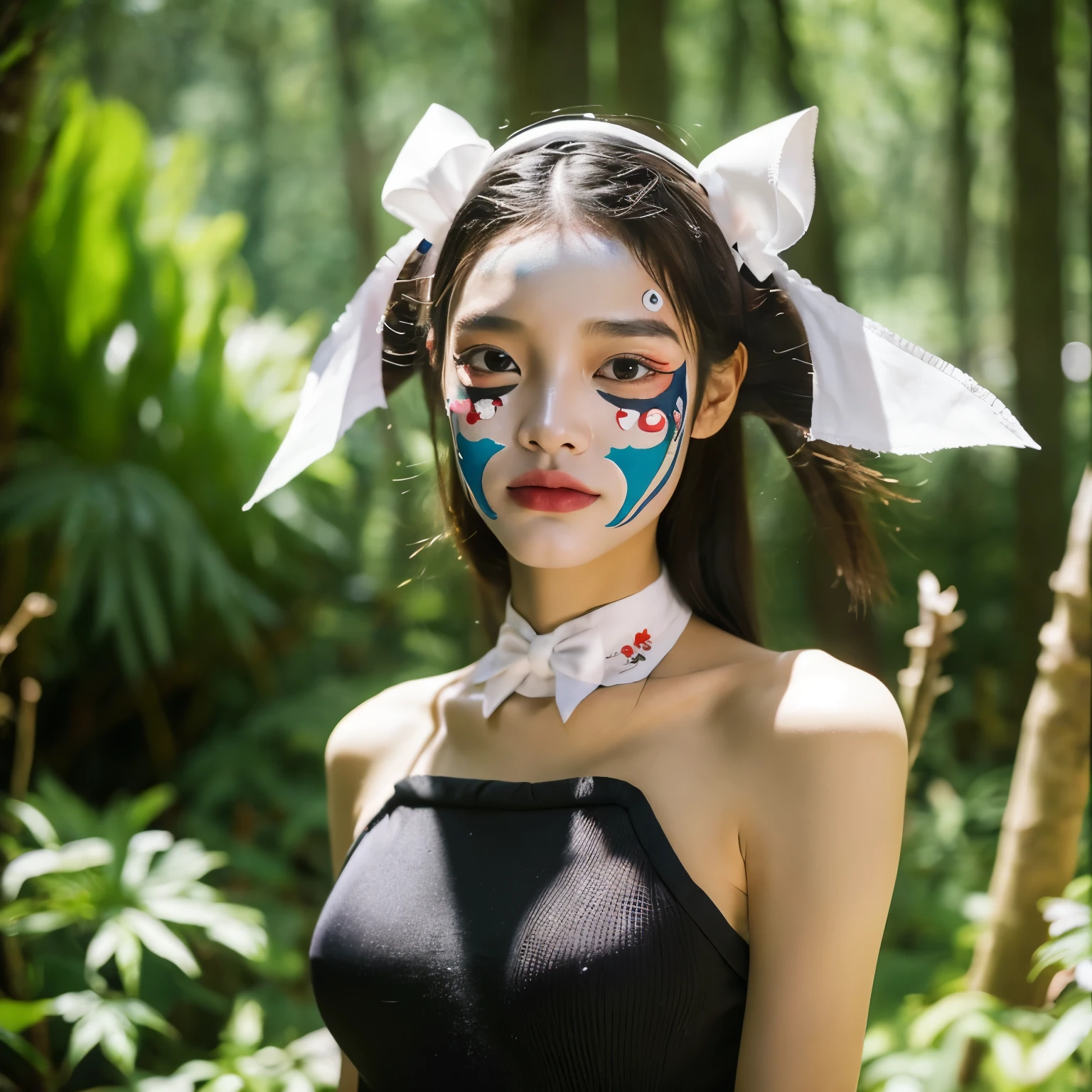 beautiful realistic mid 20 east asian tribe women, with white face painting and a beautiful skinny curved body wieldong a bow in the forest.