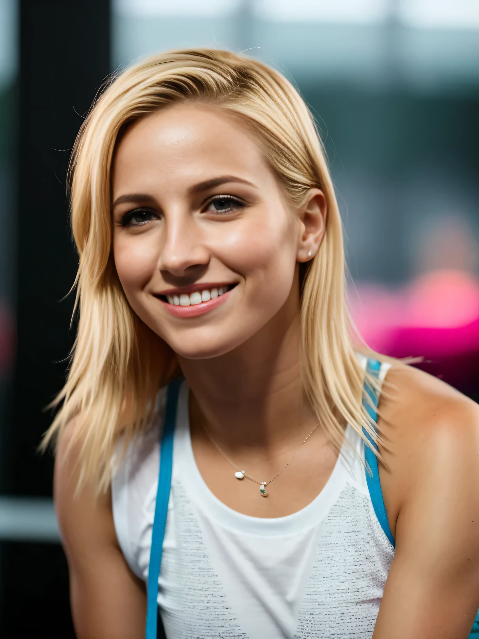 (corpo todo shot), realista photo of a blonde girl wearing t-shirt, Ombros nus, saia, sentado em uma lanchonete, Lindo, detalhado face, detalhado, high resolution, realista, photorealista, corpo todo, pernas, pele fosca, poros, rugas, textura da pele, ultra high resolution, Cru, Instagram LUT, ultra-detalhado, cinematic light, side lighting, ultra high resolutionolution, melhor sombra, Cru, 4k, ((obra de arte)), ((melhor qualidade)), ((detalhes intrincados)), ((ultra-realista realism)),  Nothing ridiculous,  ((highly detalhado)), 

detalhado fingers, Lindo nose, Lindo thigh, Lindo eyes,
tom quente, tom quente: 1.2, Hayley Williams, feliz, alegre, sorriso tentado