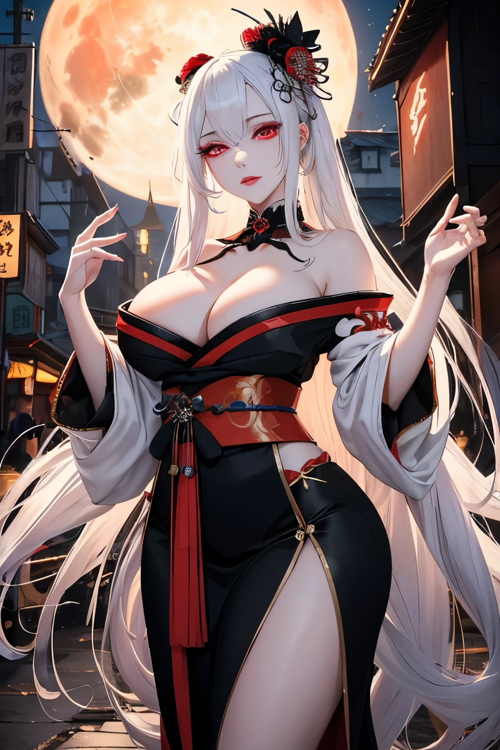 Masterpiece, top quality, Unreal Engine 5 rendered, 8K,
an Albino female with long white dreadlocks and glowing red eyes,
voluptuous and curvaceous figure,
transforming into an eldritch horror,
dressed in traditional Geisha attire,
walks the city at night under a blood moon.
Her gleaming white skin contrasts starkly against the dark, ominous background.
Her eyes, once full of life, now burn with an otherworldly radiance.
The intricate details of her Geisha costume are sharply in focus,
each thread and pattern captured with meticulous precision.
The symmetrical cityscape is a