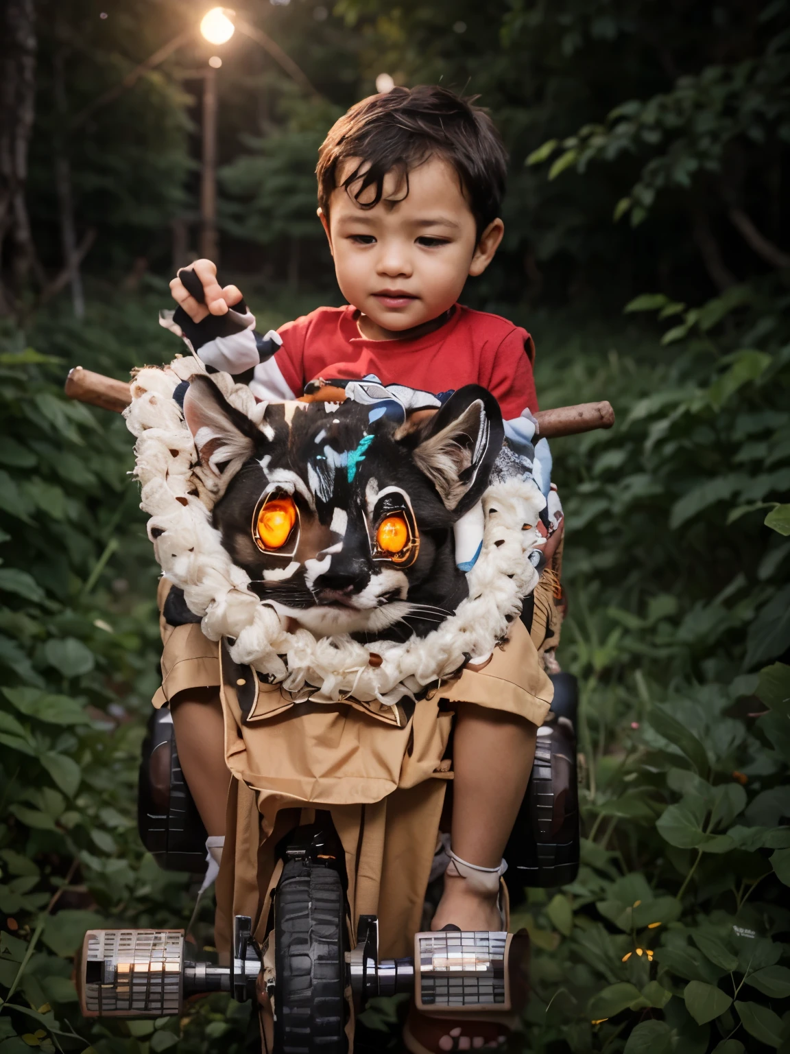 (8K, Top Quality, Masterpiece: 1.2), (Realistic, Photorealistic: 1.37), super detaill, young boy, wide high angle view, Firefly Garden, Lots of little faint light and fireflies, flying around, night time