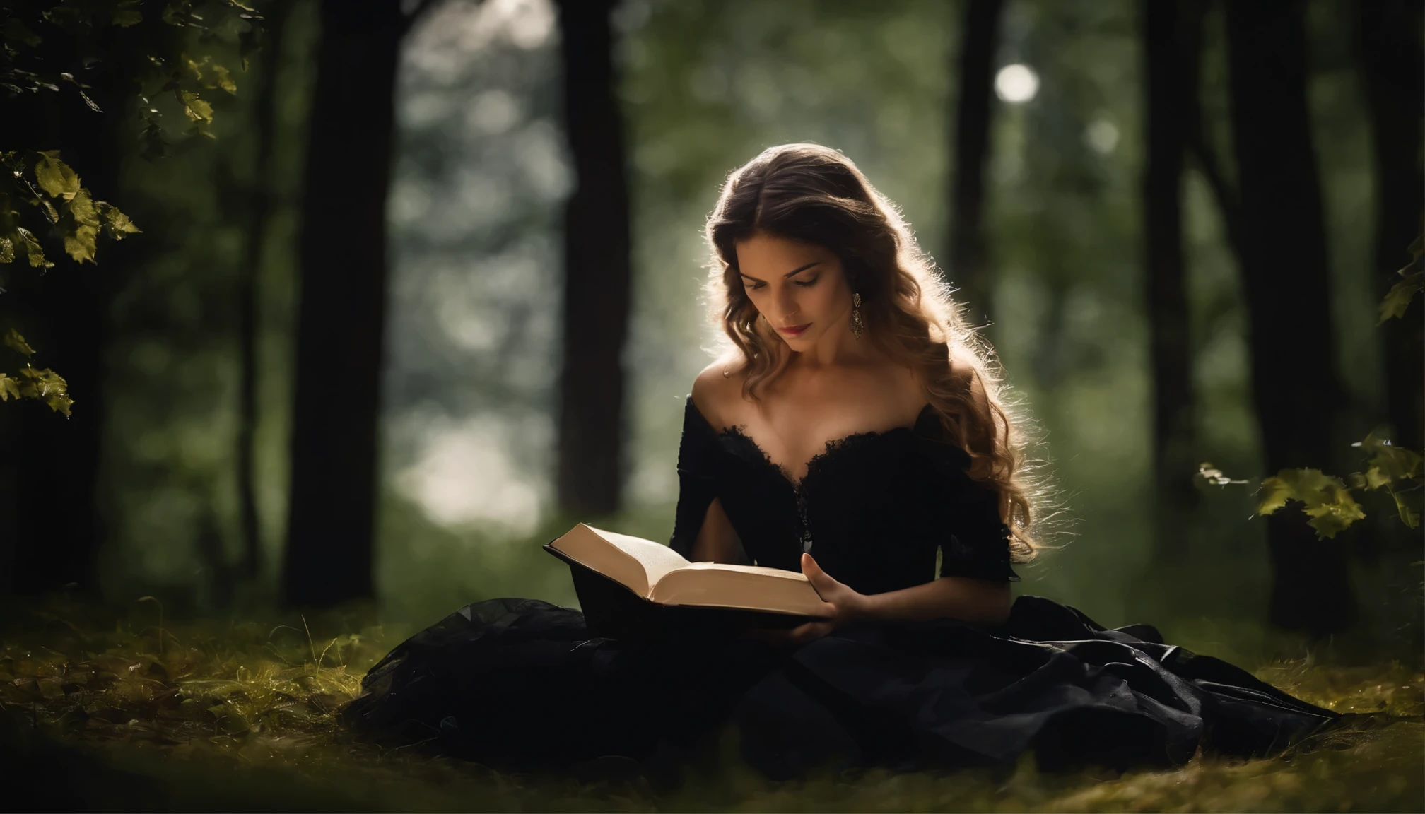 une femme)), assis par terre entouré de livres, Livres volants, Livres qui volent, bougies en cercle autour d’elle, lancer de sorts, pose du livre de sorts, robe gothique noire. Visage énervé, Fantaisie de haute qualité, Livres de magie volante, livre portrait, dramatic en lisant book pose, en lisant, Assis dans la forêt, la nuit, clair de lune