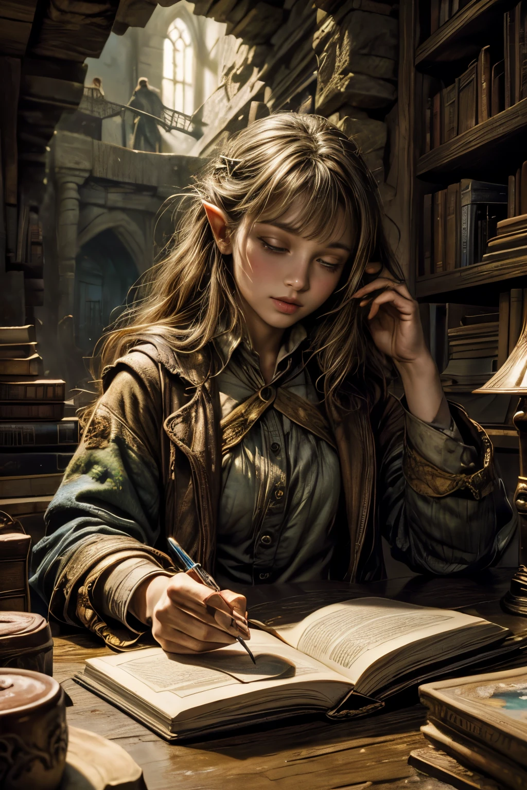 "Photorealistic painting, ((captivant)) Scene d&#39;a girl absorbed in reading, livres anciens, grotte de hobbit confortable, horloge complexe avec des engrenages mobiles, ((nostalgique)), detailed, palette chaleureuse"