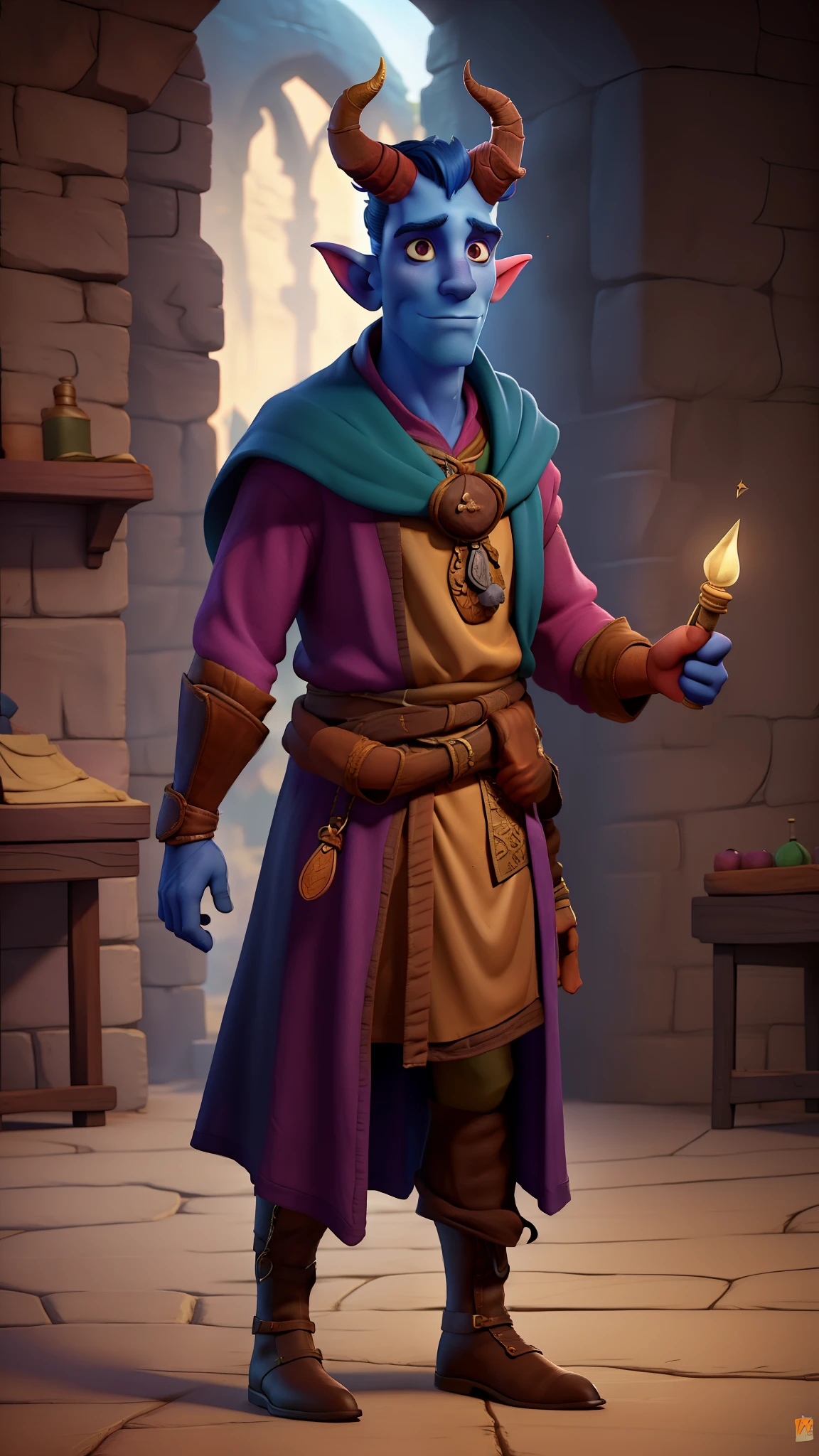 masterpiece, 1man, extremely detailed character, full body shot, best quality, dnd, dungeons and dragons, (Tiefling), (Warlock), colored skin, horns, pointy ears, medieval era, fantasy clothes, anime style, (medieval dark wizard outfit)