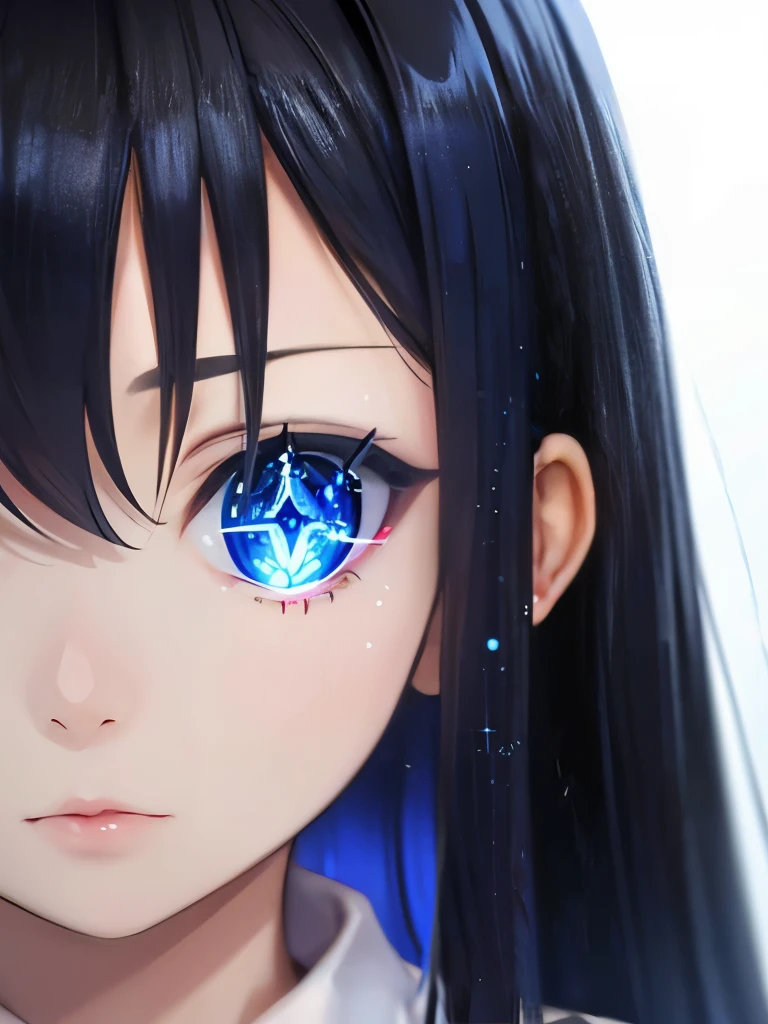 Girl, short, small, black hair, emotionless, expressionless, long hair, long white shirt, blue eyes, bright blue eyes, pretty eyes, beautiful eyes, close up, detailed eyes, kuudere, special eye effects, glowing eye, sparkling eye