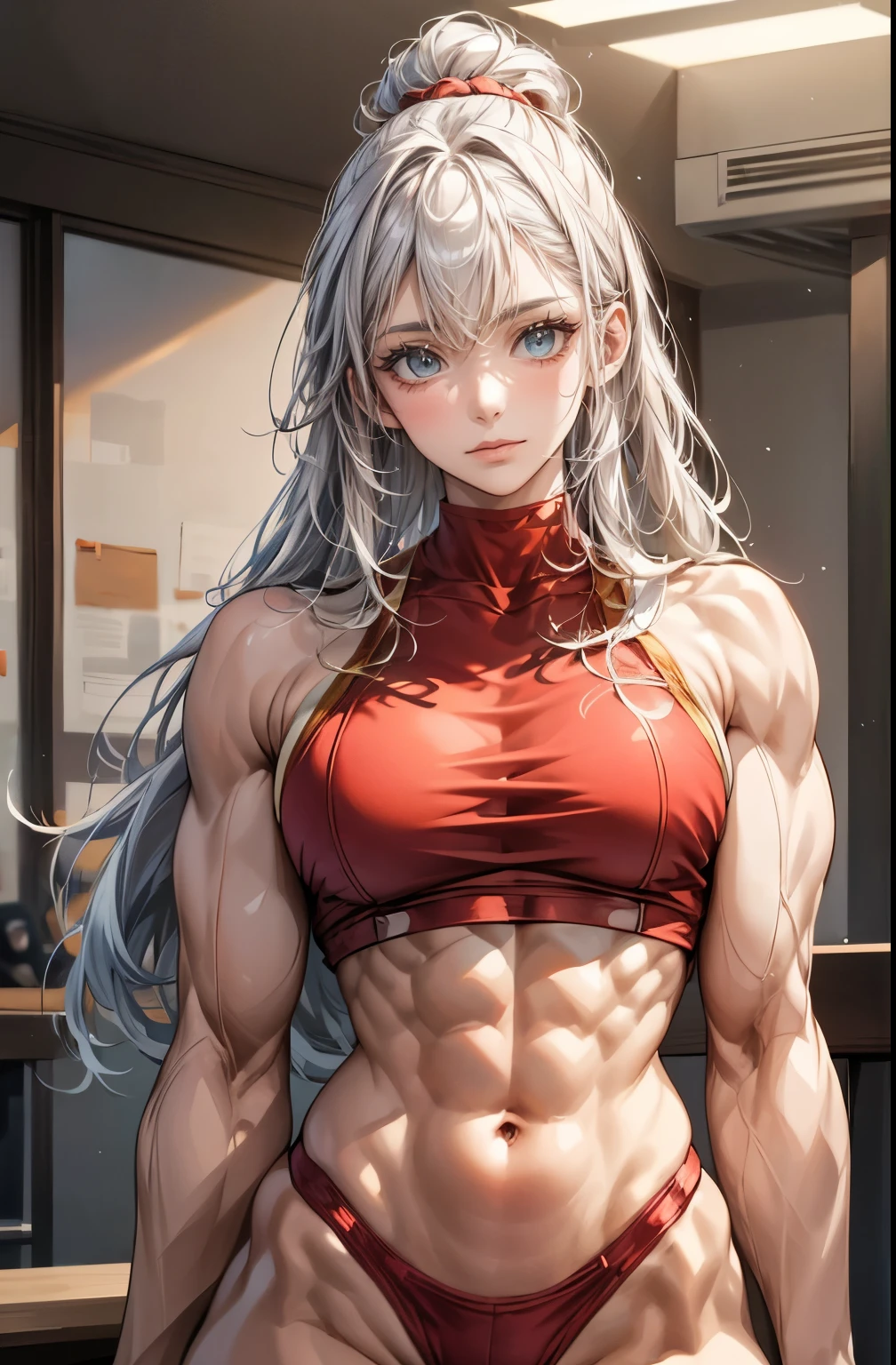 (best lighting) , (Extremely complex and detailed) , 4K unified, (Super detailed CG: 1.2) , (8k: 1.2),(The original), (masterpiece) , (best quality),(masterpiece:1.4),Anime-like high quality,(masterpiece),masterpiece, Super clear picture quality,clearer than,(delicate face)best quality, absurd,((Master of Peace, 4K, 8k, Yes, high resolution))1个girl, female student,She was in the gym,Ten strong abdominal muscles,stand up,Crop topping,dense, There are raised veins on the arms,Oversized muscles,The visual sense of muscle explosion,Muscles feel like they're about to explode,The biceps are as big as several steamed buns,spring, boots, Perfect body, silver long hair, dynamic poses,legs exposed,Strong leg muscles ((bodybuilder:1.5)),spring gym,(beautiful bass),(girl),(miss),(((Upper body:1)))Fashionable midriff-baring outfit