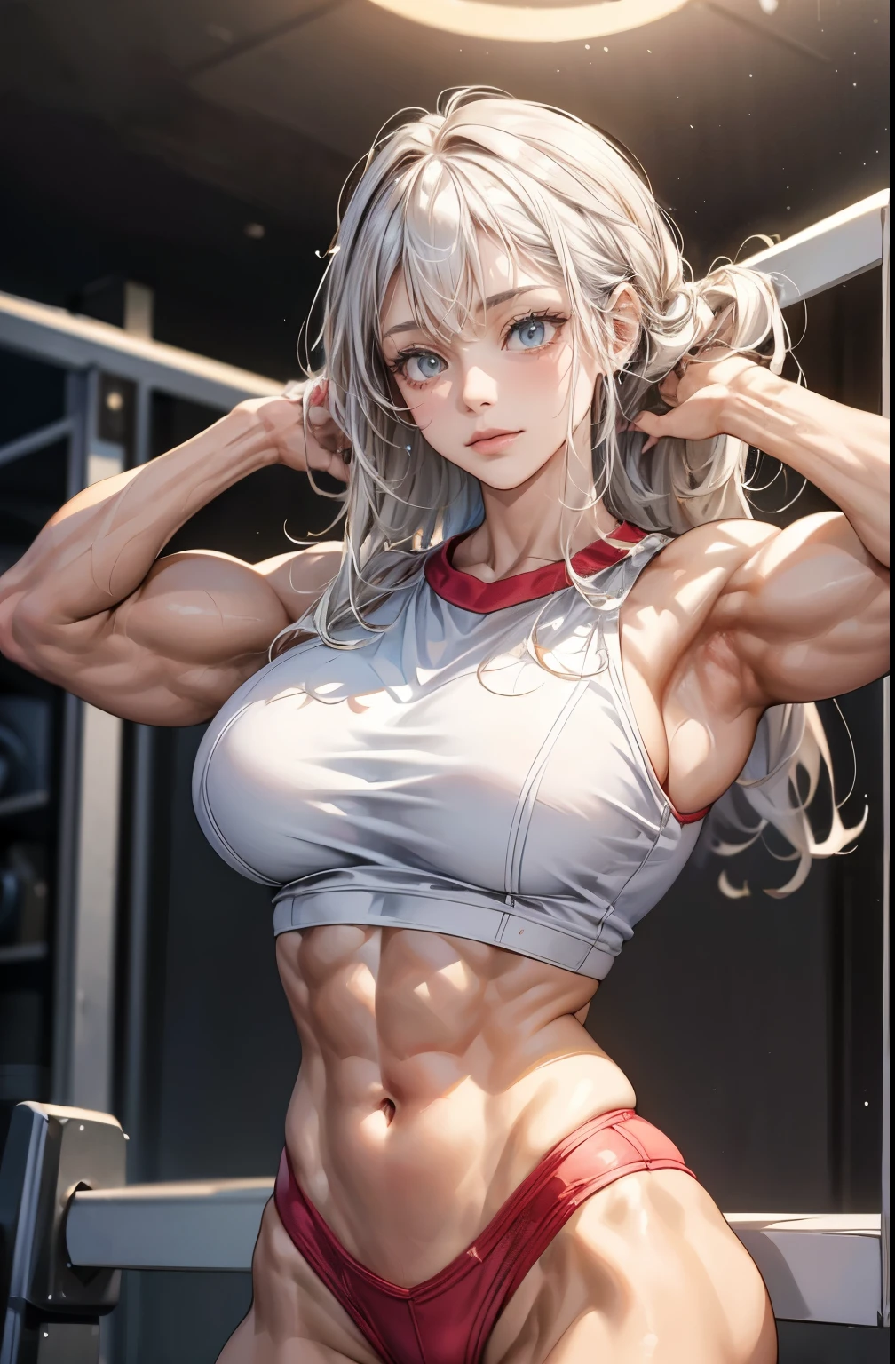 (best lighting) , (Extremely complex and detailed) , 4K unified, (Super detailed CG: 1.2) , (8k: 1.2),(The original), (masterpiece) , (best quality),(masterpiece:1.4),Anime-like high quality,(masterpiece),masterpiece, Super clear picture quality,clearer than,(delicate face)best quality, absurd,((Master of Peace, 4K, 8k, Yes, high resolution))1个girl, female student,She was in the gym,Ten strong abdominal muscles,stand up,Crop topping,dense, There are raised veins on the arms,Oversized muscles,The visual sense of muscle explosion,Muscles feel like they're about to explode,The biceps are as big as several steamed buns,spring, boots, Perfect body, silver long hair, dynamic poses,legs exposed,Strong leg muscles ((bodybuilder:1.5)),spring gym,(beautiful bass),(girl),(miss),(((Upper body:1)))Fashionable midriff-baring outfit