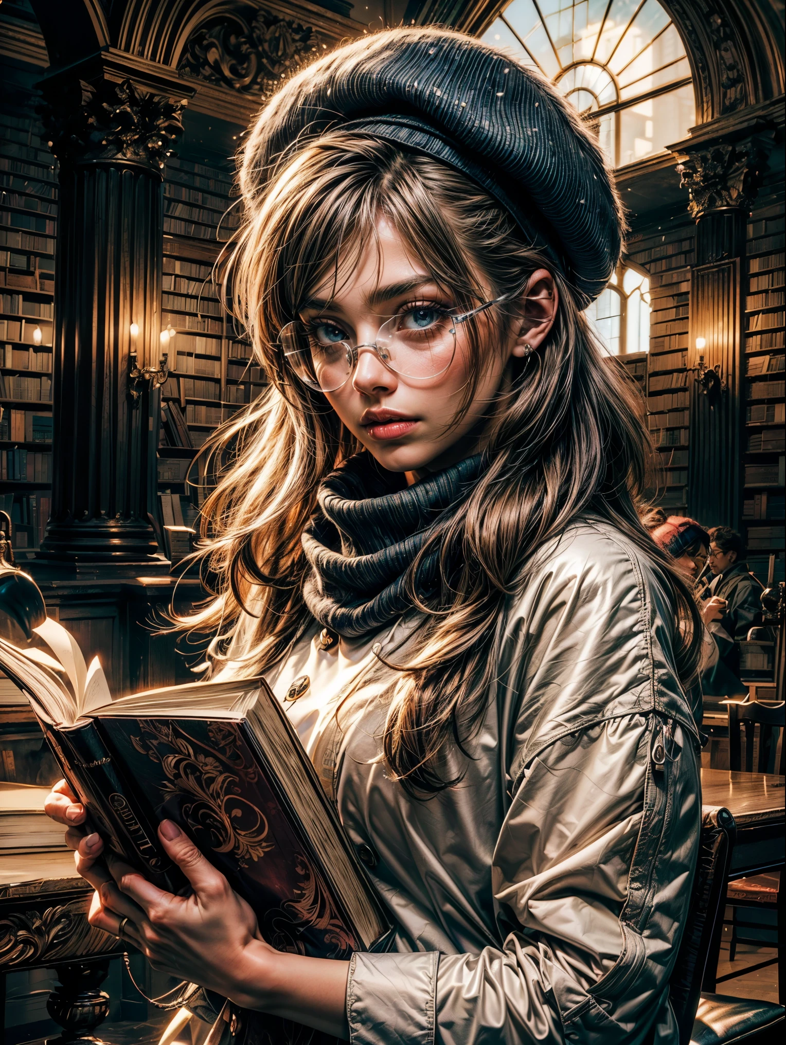 1fille, ((20 ans)), (beau visage), high resolution, ultra high quality, (hyperdetailed:1), (chef-d'artwork, best quality), (complex detail), (detailed), ((Very long hair, droit)), ((visage rond, visage timide)), beaux yeux, ((lunettes, pull-over, Foulard, jupe, beret, tenir des livres)), (((majestueux library, Les gens autour, beaucoup de livres autour)), ((majestueux)), extremely best quality, Fond d'8k screen
