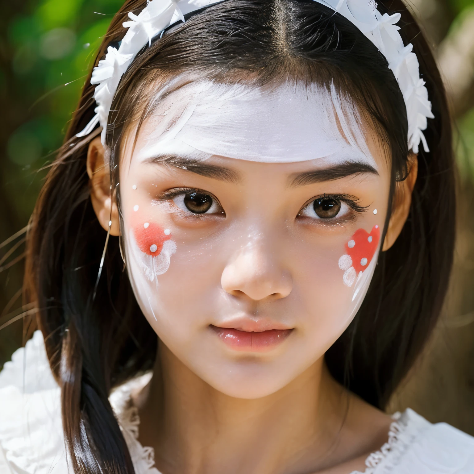 beautiful realistic 25 year old east asian tribe women, with WHITE face painting as white short lines that look like tear drops over her eyebrows. and a straight line on her forehead to her nosebride and a little bowed linethat goes over her nose bridge to her cheeks. and a beautiful skinny curved body wielding a bow in the forest.