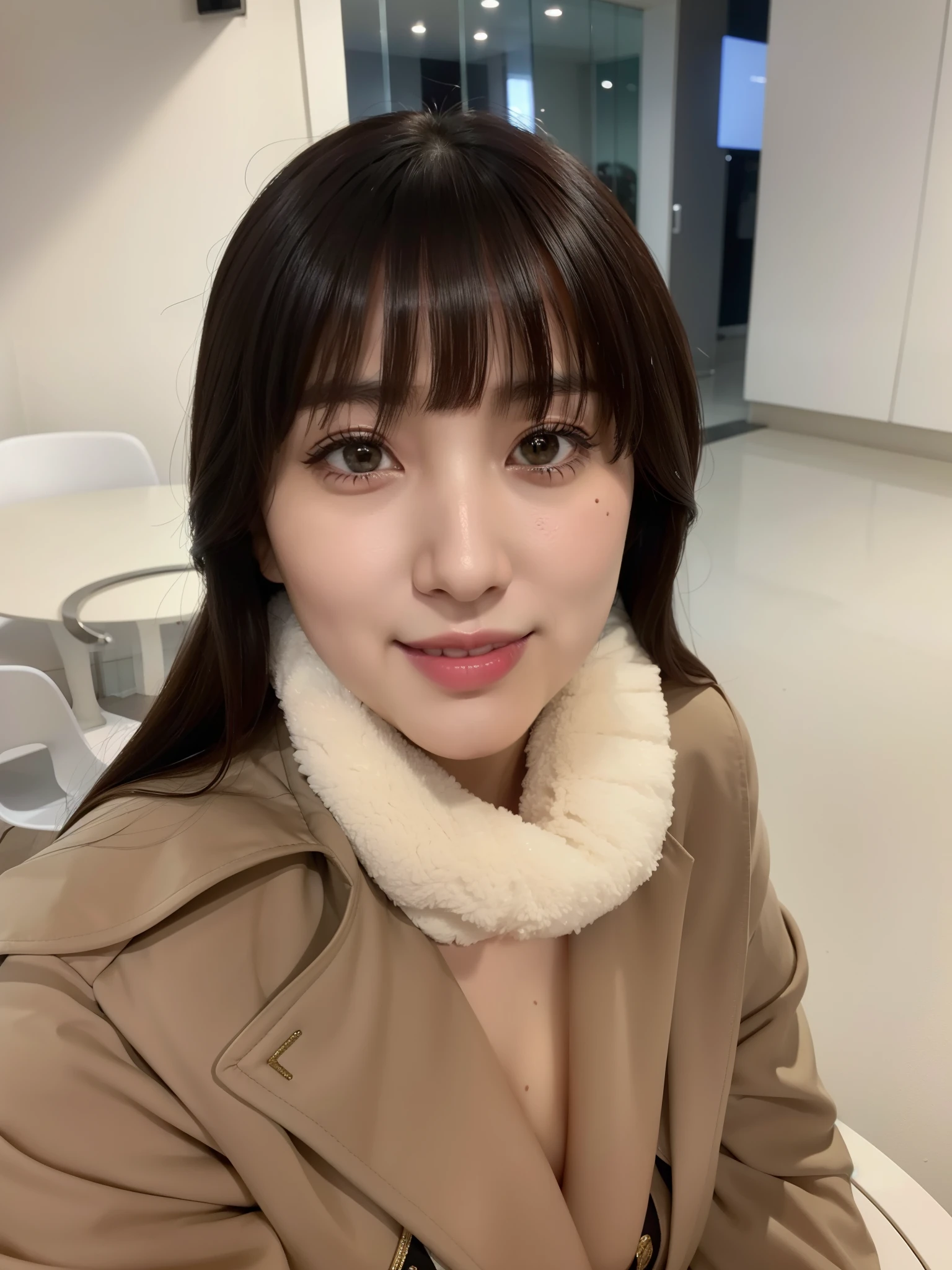 table top, High resolution, highest quality, very detailed, yellow eyes, Beautiful woman、 cleavage:1.2、big and full breasts, I can see your shoulders、oversized clothing、realistic、picture、Super high quality、Detailed description、43 years old、japanese woman、laughter:1.3、