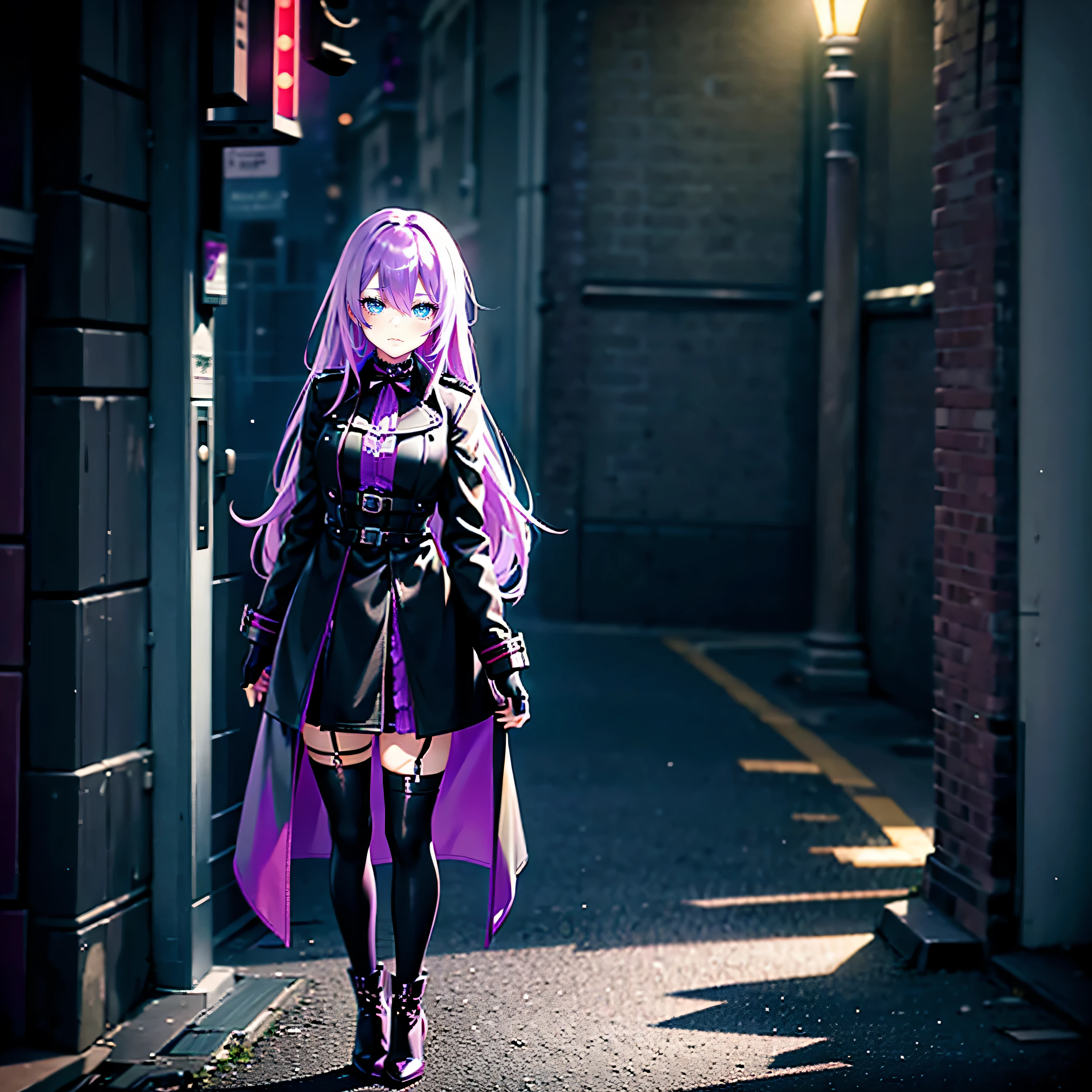 /imagine prompt: color photo of a young woman with long, light purple hair and light green eyes, around 20 years old. She is wearing a black coat, a deep purple gothic skirt, black gloves, black knee-high stockings, and deep red Mary Jane shoes. The photo has an anime-inspired aesthetic. —c 10 —ar 2:3