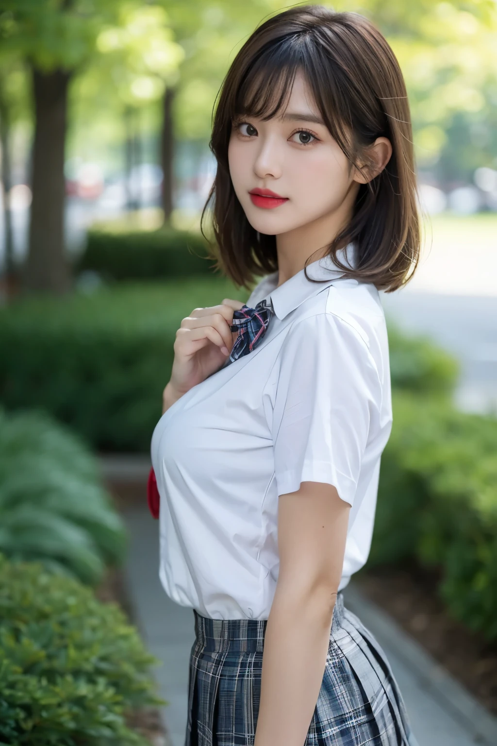 nsfw, 8K raw photo, Best quality, masterpiece, ultra high res, film grain, filmg, 1girl, looking at viewer, natural skin texture, realistic eye and face details, full lips, lipstick, (makeup), red eyeshadow, fluffy short hair, messy hair, smile, close mouth, beautiful legs, tall female, skinny, slim_legs, solo, enormous breast, cleavage, Pose with buttocks facing you, ultra short skirt, ass, shirt, beautiful nature location, around flower location, (detailed background), plaid skirt, white shirt, enormous breast, cleavage, Show a little cleavage through the shirt, loafers, blurry background, blurry, holding, plaid, short sleeves, jk ribbon on the neck, jk ribbon, brown hair, bracelet, water, bangs, school uniform, jewelry, parted lips, lips, from side, pleated skirt, depth of field