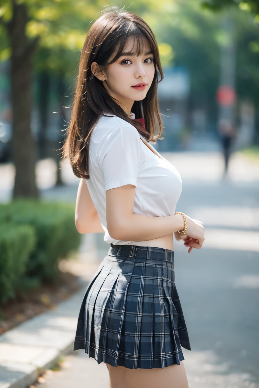 nsfw, 8K raw photo, Best quality, masterpiece, ultra high res, film grain, filmg, 1girl, looking at viewer, natural skin texture, realistic eye and face details, full lips, lipstick, (makeup), red eyeshadow, fluffy short hair, messy hair, smile, close mouth, beautiful legs, tall female, skinny, slim_legs, solo, enormous breast, cleavage, Pose with buttocks facing you, ultra short skirt, ass, shirt, beautiful nature location, around flower location, (detailed background), plaid skirt, white shirt, enormous breast, cleavage, Show a little cleavage through the shirt, loafers, blurry background, blurry, holding, plaid, short sleeves, jk ribbon on the neck, jk ribbon, brown hair, bracelet, water, bangs, school uniform, jewelry, parted lips, lips, from side, pleated skirt, depth of field