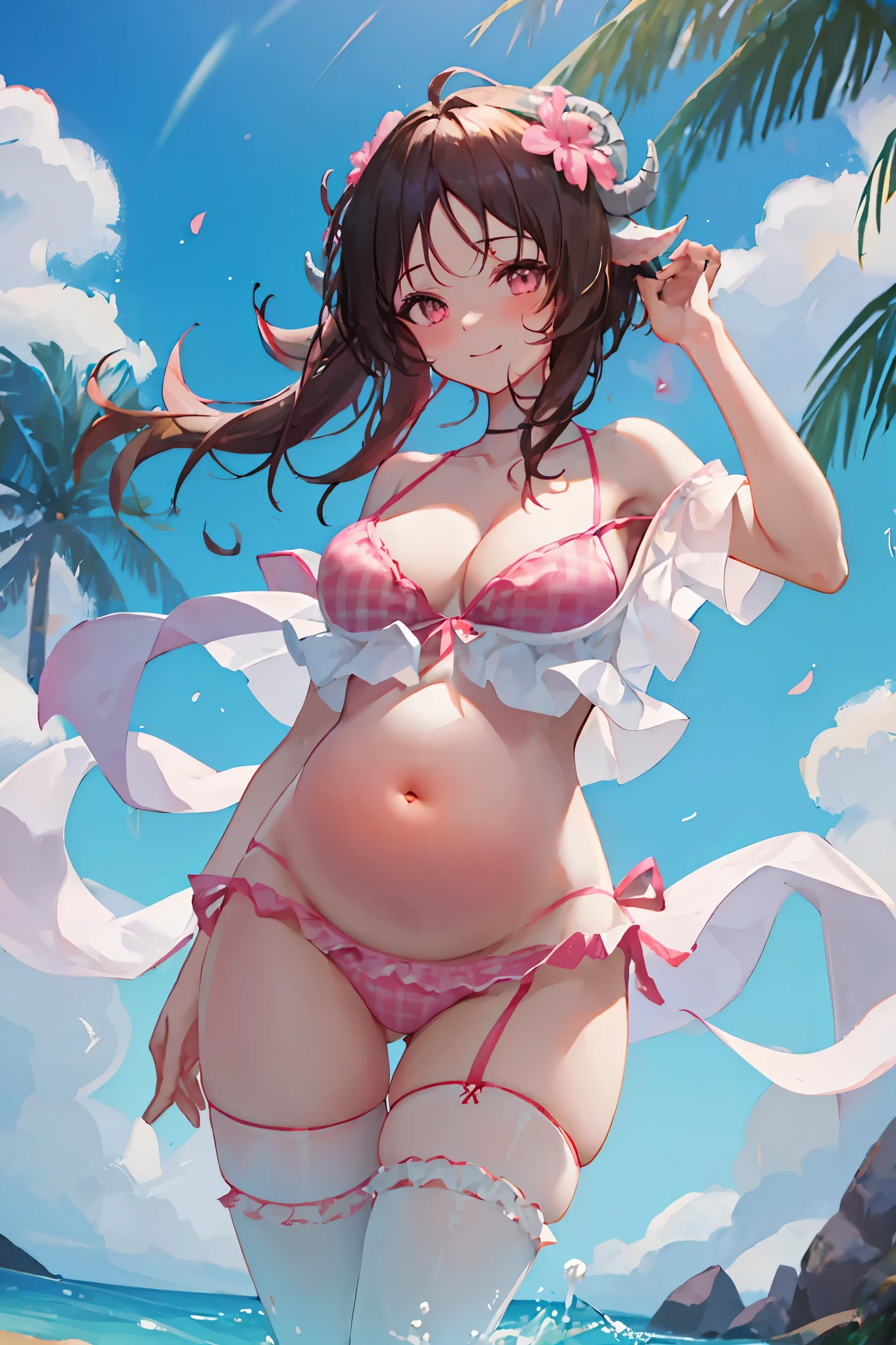 a girl，happy，pregnant belly，Hands stroke your belly，4k，Highest quality，pixiv，tomorrow ark，Ayafarah，wearing black stockings，Sheep&#39;s horn，Swimsuit pink，fluffy hair，With flowers on the head，masterpiece, best quality, absurdres, EyjafjallaSummer, curled horns, hair flower, pink bikini, off-shoulder bikini, bridal garter, swimsuit cover-up, beach scene, smile, blush, ,Eyjafjalla，pregnant，pregnant，big belly,Eyjafjalla