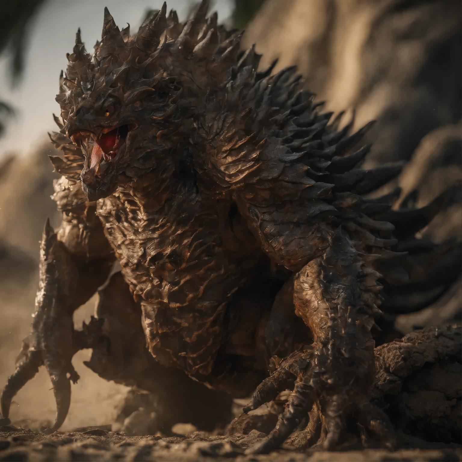 Golden Tenryu，Harsh red eyes,Close-up release of blood fire from the nose,Chest scales,high high quality,8K,Many details,Fire lettuce,Alas,4 legs,Spotted claws,golds,dangers,fires,dentes pontiagudos,big dragon,immensity,threatening,imponent