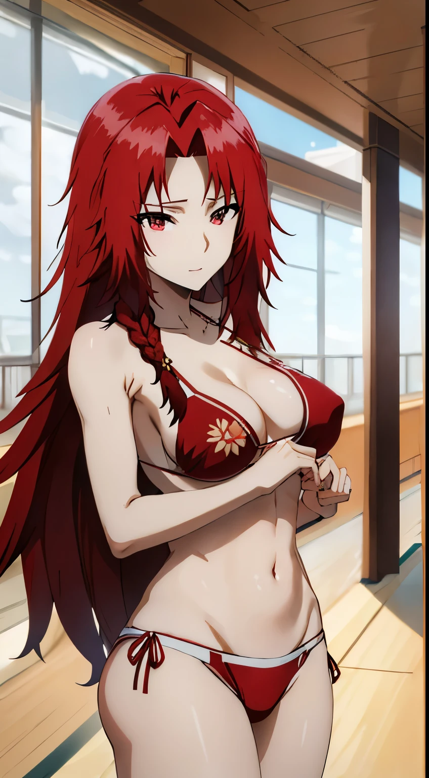 masterpiece, best quality, IrisMidgarV4, 1girl, solo, long hair, red eyes, braid, red hair, bikini