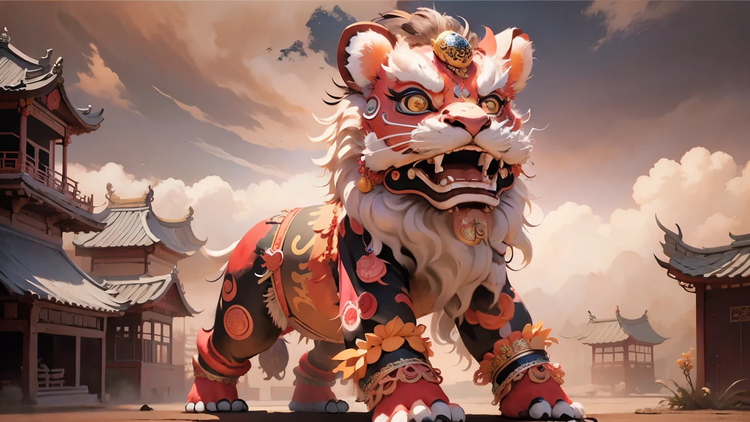 Chinese style,Lion dance,Highly detailed surreal vfx,stain,Distant view,Very detailed,Very detailed,High quality,8ก ,oc already displayed,dynamic view