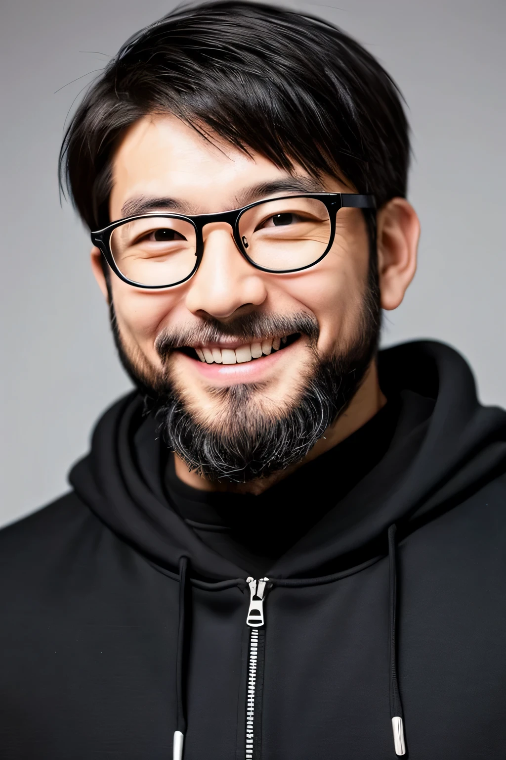 a man in his 40s,smile,Wearing a black hoodie,Black short-haired,Has a beard,dandy,good looking,big mouth,smile,wearing glasses,no background,alone alone,I'Iはひげを生やしています