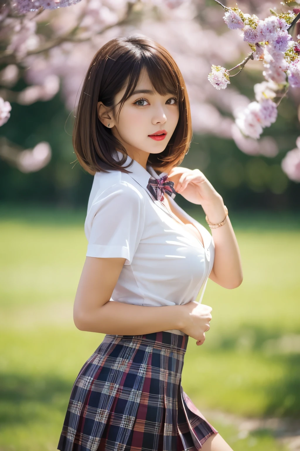 nsfw, 8K raw photo, Best quality, masterpiece, ultra high res, film grain, filmg, 1girl, looking at viewer, natural skin texture, realistic eye and face details, full lips, lipstick, (makeup), red eyeshadow, fluffy short hair, messy hair, smile, close mouth, beautiful legs, tall female, skinny, slim_legs, solo, enormous breast, cleavage, Pose with buttocks facing you, ultra short skirt, ass, shirt, beautiful nature location, around flower location, (detailed background), plaid skirt, white shirt, enormous breast, cleavage, Show a little cleavage through the shirt, loafers, blurry background, blurry, holding, plaid, short sleeves, jk ribbon on the neck, jk ribbon, brown hair, bracelet, water, bangs, school uniform, jewelry, parted lips, lips, from side, pleated skirt, depth of field