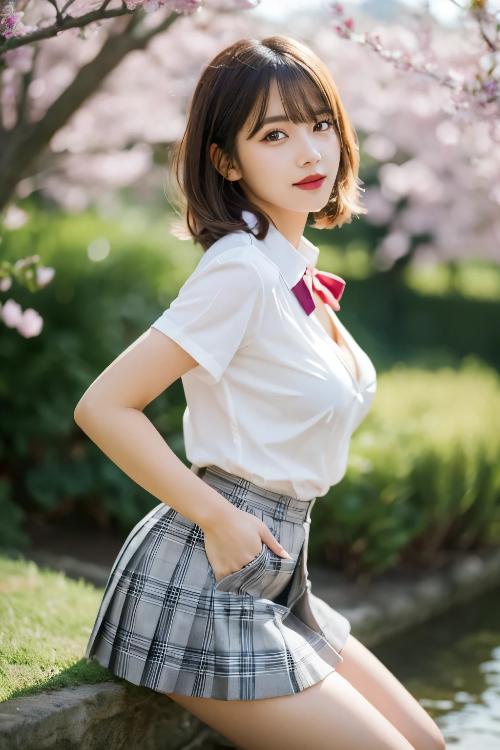 nsfw, 8K raw photo, Best quality, masterpiece, ultra high res, film grain, filmg, 1girl, looking at viewer, natural skin texture, realistic eye and face details, full lips, lipstick, (makeup), red eyeshadow, fluffy short hair, messy hair, smile, close mouth, beautiful legs, tall female, skinny, slim_legs, solo, enormous breast, cleavage, Pose with buttocks facing you, ultra short skirt, ass, shirt, beautiful nature location, around flower location, (detailed background), plaid skirt, white shirt, enormous breast, cleavage, Show a little cleavage through the shirt, loafers, blurry background, blurry, holding, plaid, short sleeves, jk ribbon on the neck, jk ribbon, brown hair, bracelet, water, bangs, school uniform, jewelry, parted lips, lips, from side, pleated skirt, depth of field