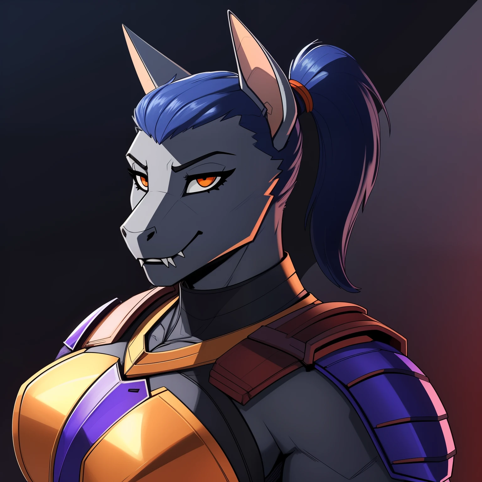 Lean_muscular_horse female solo dark_blue_hair short_ponytail gray_furry_body orange_eyes Masterpiece best_quality absurdres highly_detailed purple_knight_armor well_drawn_eyes anthro_only by_greasymojo by_runawaystride by_underscore_b by_claweddrip bat_ears fangs bat_wings