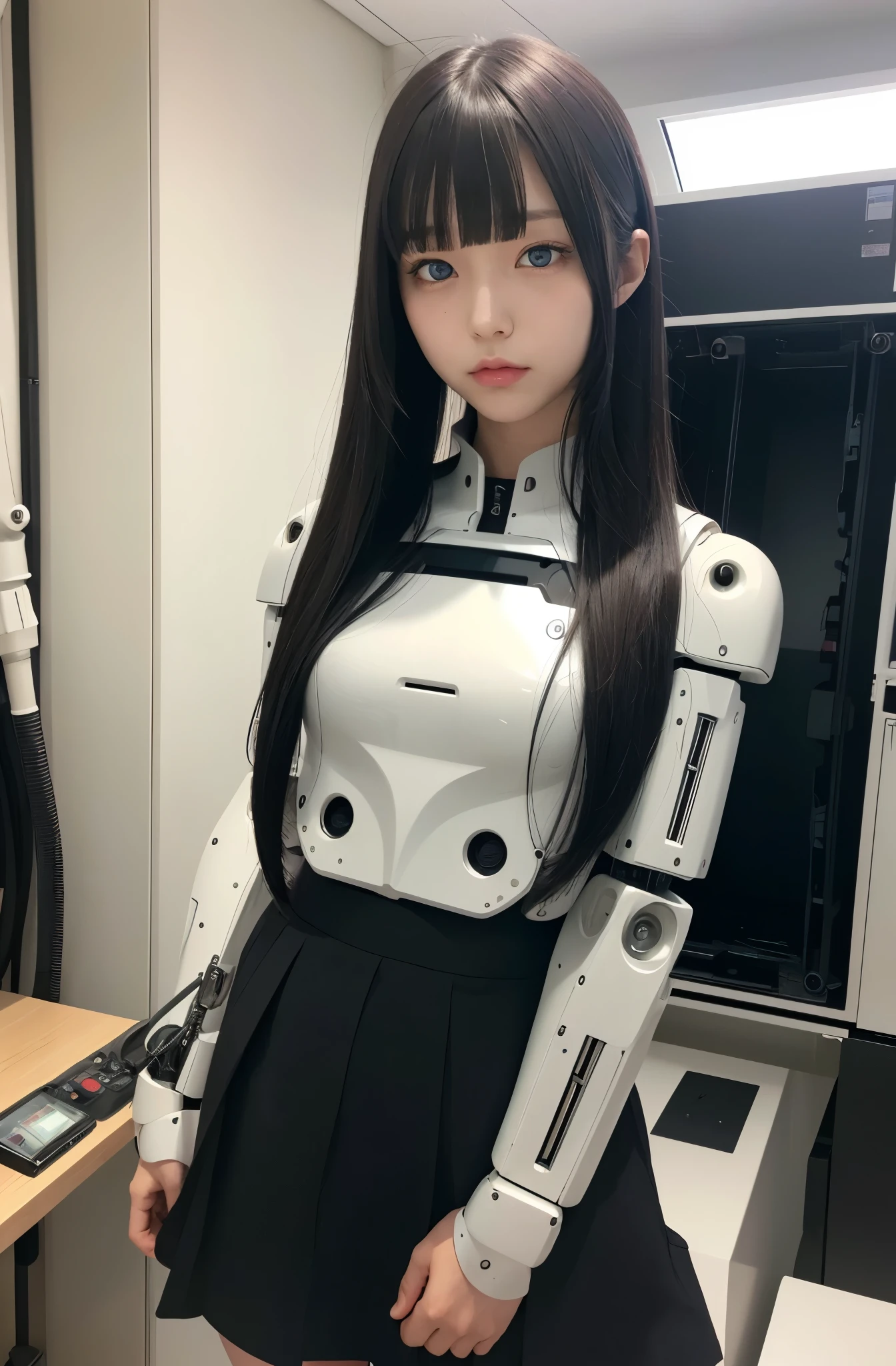 masterpiece, best quality, extremely detailed, Japaese android girl,Plump , control panels,android,Droid,Mechanical Hand, Robot arms and legs, Black hair,Blunt bangs,perfect robot girl,long tube,thick cable connected her neck,android,robot,humanoid,cyborg,japanese cyborg girl ,future laboratory,connecting a cable between the legs,skirt, high socks,blue eyes