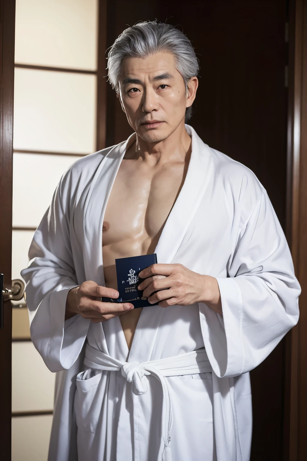 Japanese man in his 70s holding a product package in his right hand。The right hand is on the chest。standing position。gray hair。looking at the camera。long shot。realistic。muscular。Topless。white bathrobe。Forceful expression。Wrinkles between the eyebrows。Powerful face。The location is a business hotel。