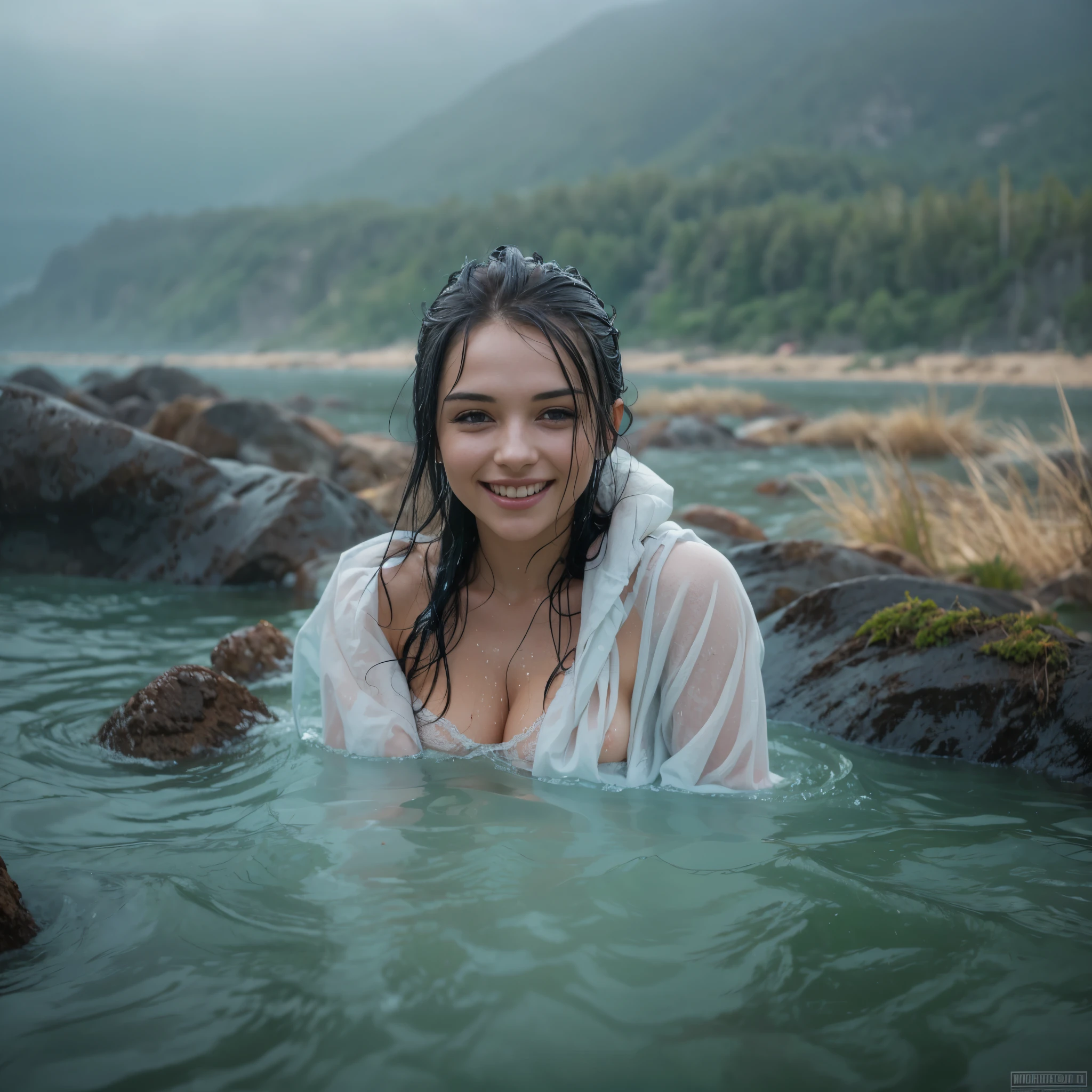 (masterpiece, 8k, best quality:1.2), in the hot spring, outdoor, 1girl, 27 yo icelandic woman,  smile, looking at viewer, lace teddy, chemise, wet clothes, soaked, wet hair, wet skin, translucent, glistening with oil, drenched, winter landscape, steamy water, see through, playful, jenya.d