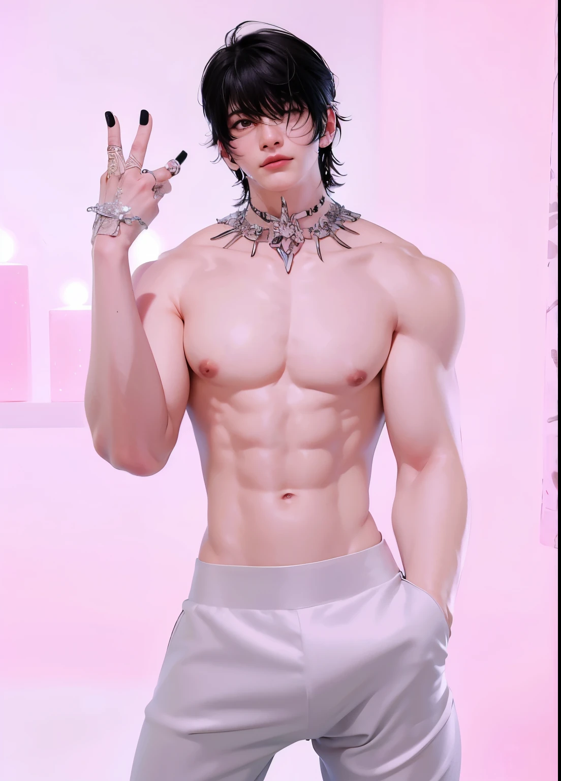 (Calidad de imagen de alto nivel、Alto detalle、alta calidad、high resolution、Dibuja todo en high resolution.)、hay un hombre parado un tatuaje en el en el cuello, tatuaje en las manos, con un anillo en el dedo, sin camisa :: Alto detalle, Postura de pastel de carne, ropa abierta en el pecho, Avatar de la parte superior del cuerpo, avatar de segunda vida, [ abdominales firmemente definidos ]!!, [ rigidly defined abs ]!!, primer plano de cuerpo completo, Pose lacivious, cuerpo completo muy detallado, con una cadena de plata en el cuello.