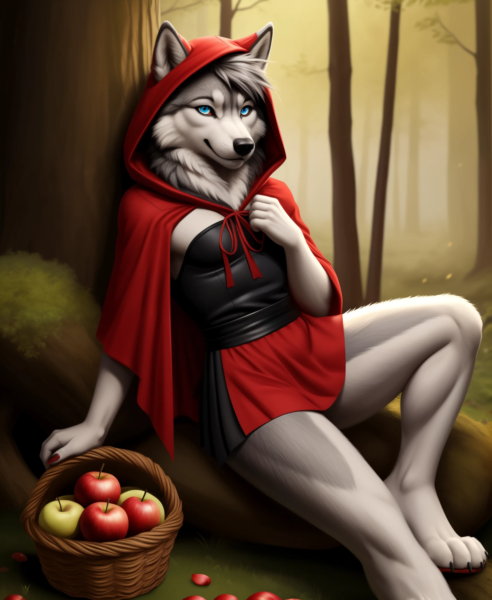 furry anthro wolf girl in red riding hood costume,
highly detailed body fur, gray fur,
cute, smiles seraphicly innocently,
a basket of apples,
wolf paws, wolf tail, wolf snout, girly hairstyle, twinkle eyes,
in the forest with trees and leaves