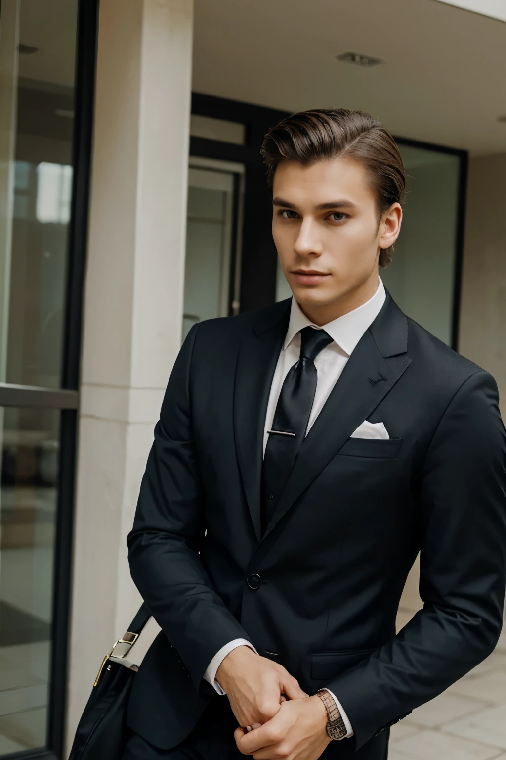 elegant man in suit, tie and business hairstyle