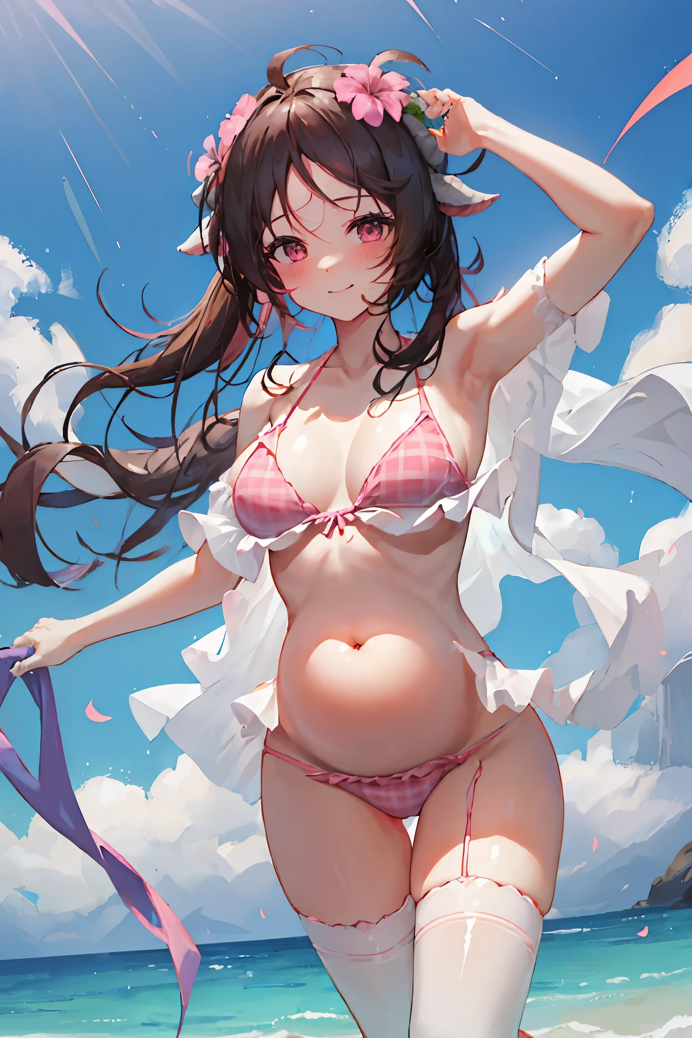 a girl，happy，pregnant belly，4K，best quality，pixiv，tomorrow ark，ayafala，wearing black，sheep&#39;bugle，Swimsuit pink，fluffy hair，There are flowers on the head，masterpiece, best quality, ridiculous, EyjafjallajaraSummer, curled horns, hair flower, pink bikini, Off the shoulder bikini, bridal garter, swimsuit cover, Beach scene, Smile, blush, ,Eyjafjallajara，pregnant，pregnant，pregnant,Eyjafjallajara，happy，Eyes filled with depression