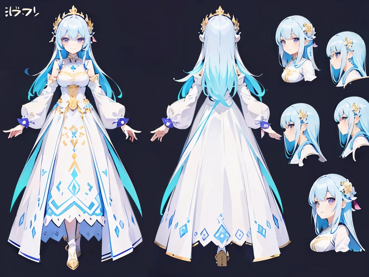 ((character design sheet)),(flint),(side),(behind), ((a short girl)), (detailed face),((detailed eyes)),(smiling),(detail cloth), white long hair, pure, colorful long dress, long sleeve dress, cute, colorful flower accessories, cute hair style, fairly