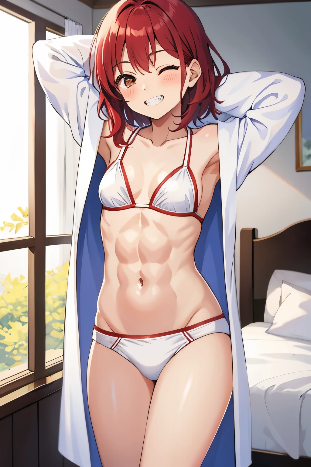 Young girl, medium hair, red hair, brown eyes,shining eyes, one eye closed, small breasts, short stature, strong abs, (happy smile,clenched teeth), (blush), open sexy white bathrobe, red bikini thread,standing,(hands behind head), pov from front,bedroom,shining body