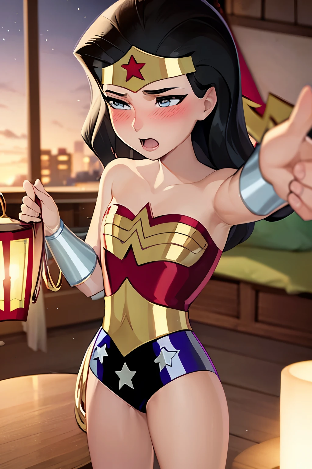 masterpiece, high resolution, illustration, night, midnight, gentle light, bewitching light, (wonderwoman: 1.3), (solo: 1.4), long eyelashes, short bob, nose_blush, open_mouth, futon, nude, nude, towel, chilarism, dynamic perspective, perspective, bokeh, depth_of_field, from_ below