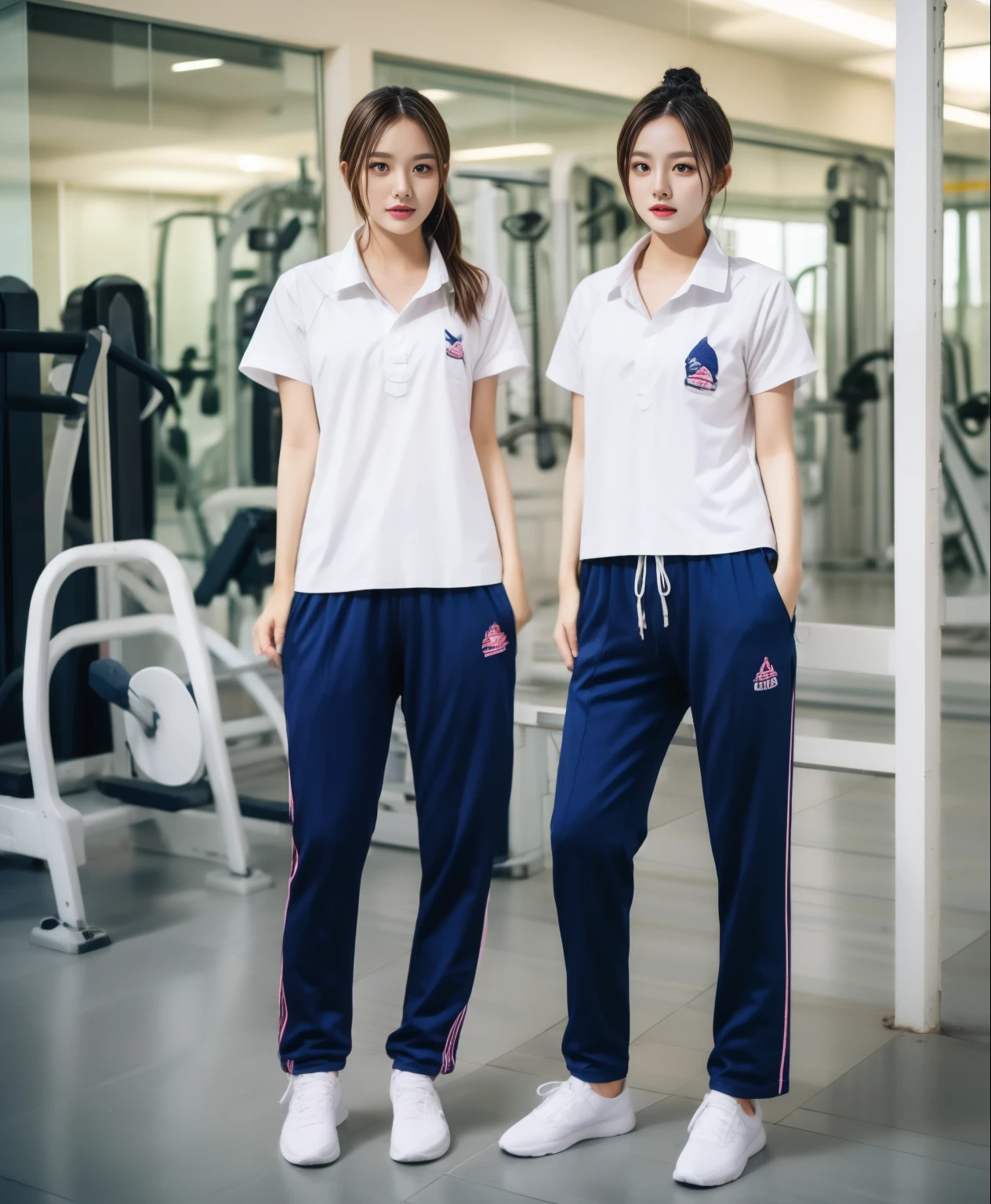 3 girls in fitness center, Navy blue short-sleeved shirt,Navy Long Trackpant,Sweatpants, Sweatpantsขายาว,25 year old girl, lesbian, sexy, exercise clothes, wet body, exercise clothes