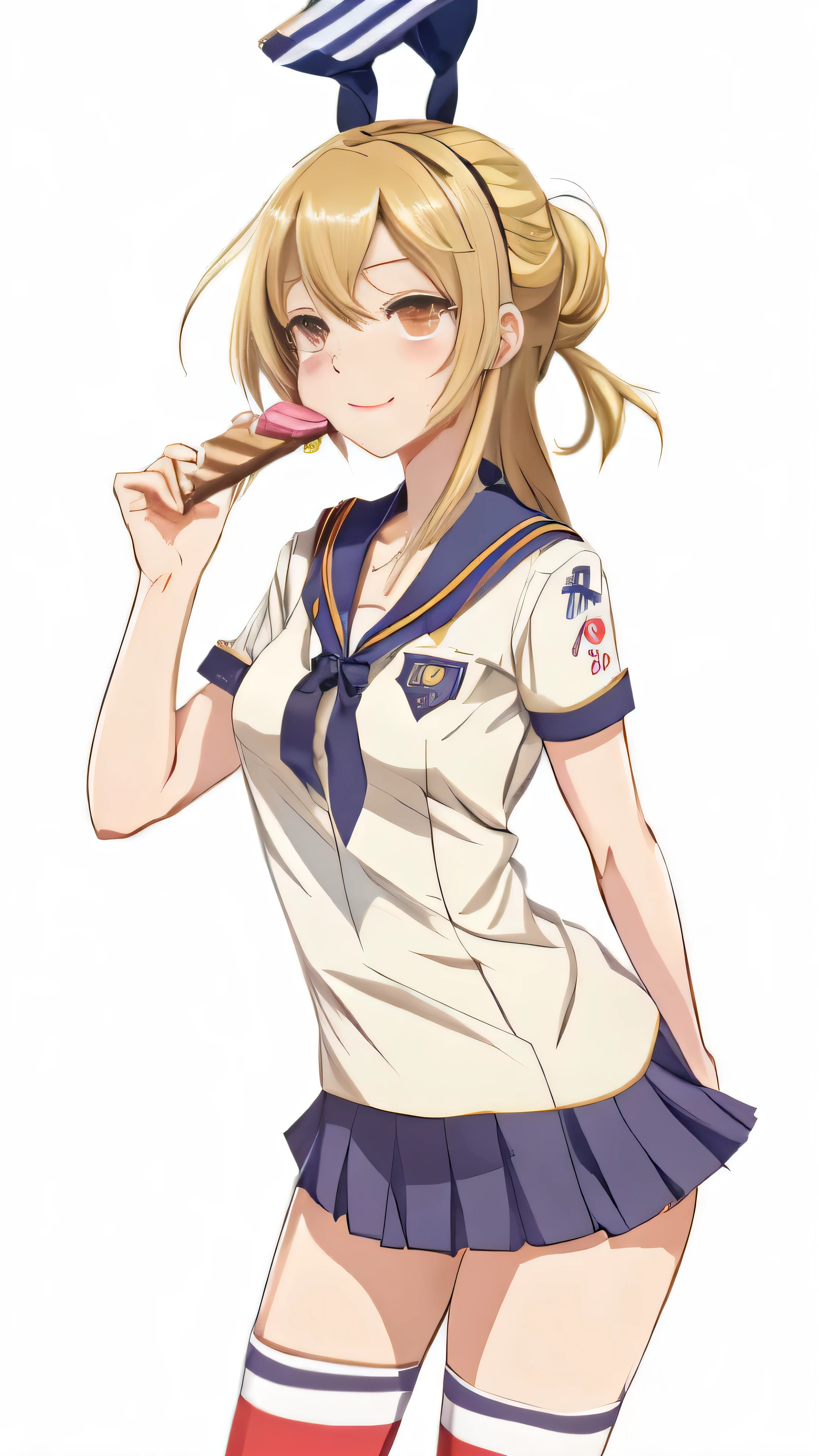 a drawing of a woman in a uniform holding a chocolate bar, kantai collection style, marin kitagawa fanart, small curvy , ecchi anime style, from the azur lane videogame, ecchi, seductive anime girl, with index finger, rei hiroe, sailor uniform, ecchi style, hajime yatate, marisa kirisame