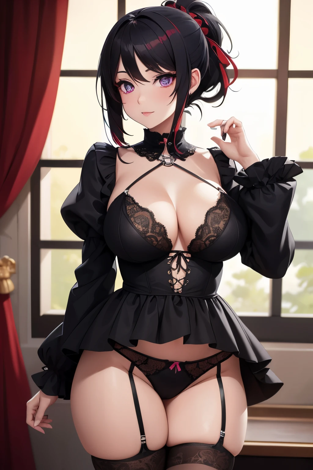 a woman wearing lingerie, standing in a bedroom, seductive anime girl, violet eyes, dark purple eyes, beautiful goth anime girl, detailed digital anime art, anime goth girl, extremely detailed eyes, black and red hair, goth anime girl with black hair, black hair with red highlights, dark red highlights in hair, beautiful anime girl, beautiful alluring anime woman, masterpiece, detailed hands, medium length hair with red highlights, hair tied up, detailed face, extremely detailed eyes, thigh focus