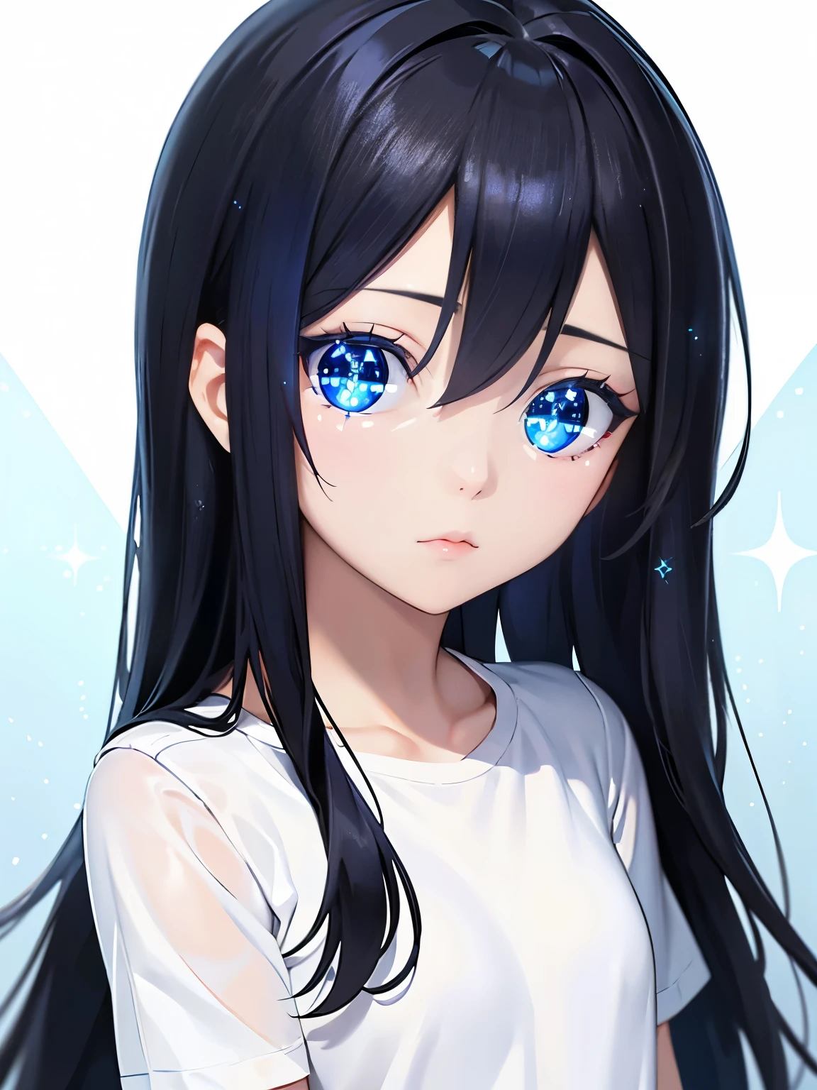 Girl, short, small, black hair, emotionless, expressionless, long hair, long white shirt, blue eyes, bright blue eyes, pretty eyes, beautiful eyes, close up, detailed eyes, kuudere, special eye effects, glowing eyes, sparkling eyes