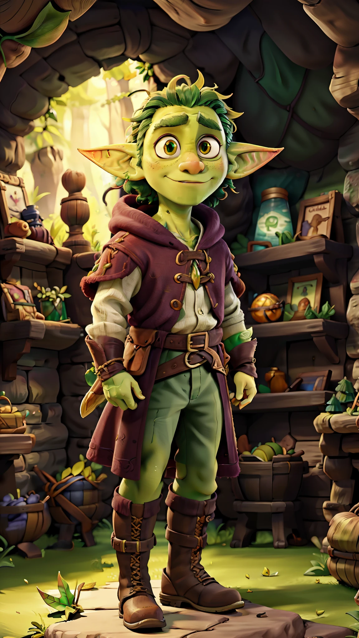 masterpiece, 1man, extremely detailed character, full body shot, best quality, dnd, dungeons and dragons, (Goblin), (Druid), colored skin, horns, pointy ears, medieval era, fantasy clothes, anime style, (medieval green leaf forest druid outfit)