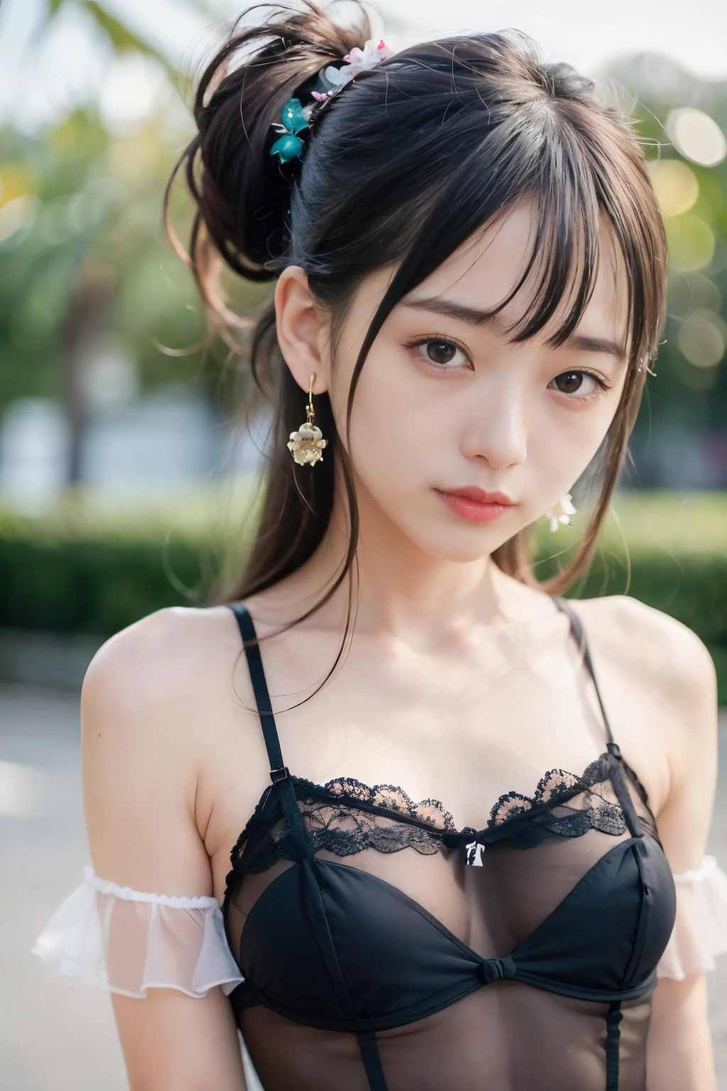 ((((realistic)))))、((AKB48)))、((Noma lighthouse background))、((rock background))、((smile))、(((Nikon Z) ))、(19 years old)))、(small bust))))、(Colorful lace swimsuit)))、(cameltoe)、(Slightly rough skin)))))、(Pore feeling)))))、 (realism: 6、realistic)))、((earrings))、((Landscape Pose))、perfect chest shape、Raw butt、side ponytail、ribbon、hair ornaments、white skin、sight、thin waist