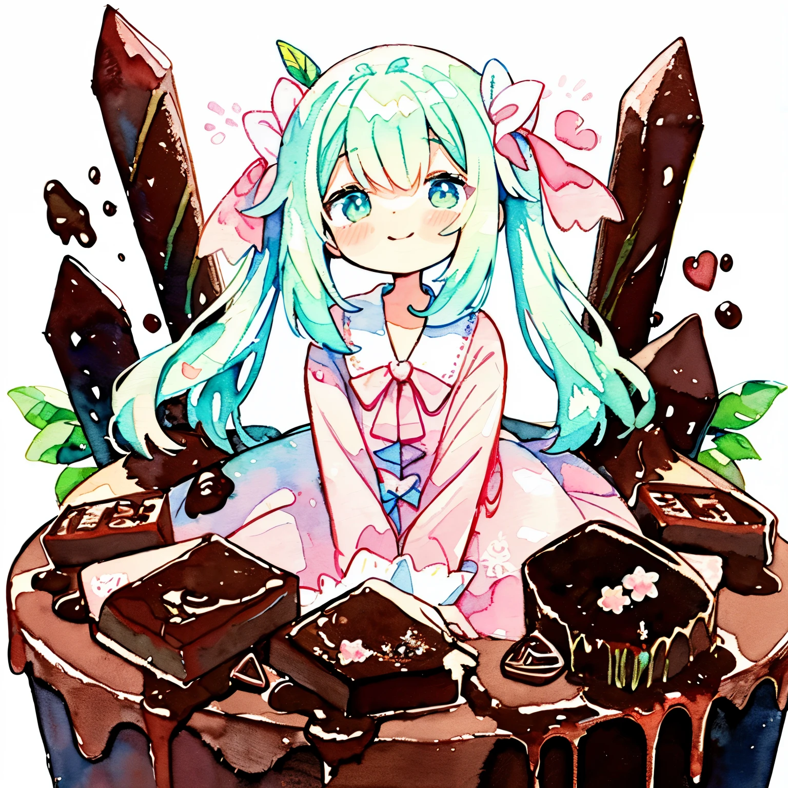 (Pastel Color: 1.5), (Cute Illustration: 1.5), (Watercolor: 1.2), white background, girl, mint green hair, smile, pale red throughout, moya, fairy tale, princess, wild chocolate, ivy, dress, perm、chocolate mint style、twin tails、ribbon、redtheme、chocolate castle