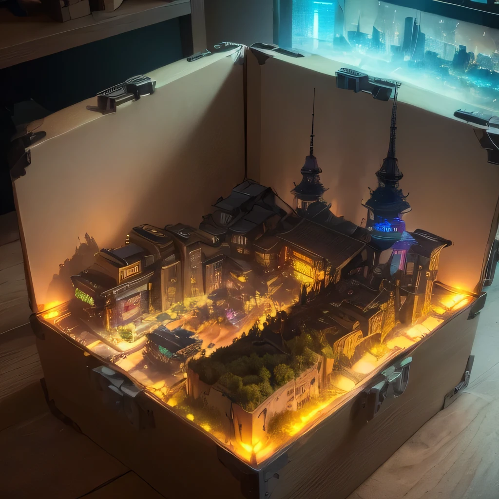 small realistic model, (bifurcation, original photo, best quality, masterpiece:1.4),Steampunk Cyberpunk 1820 City,(Cyberpunk light:1.3), Mards,horizon (related to land),(in a small nature box:1.3),Isometric, small nature, landscape on foundation,landscape,