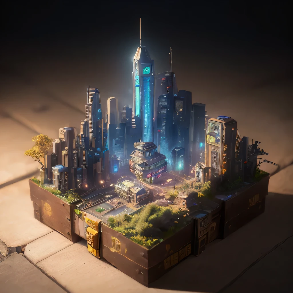 small realistic model, (bifurcation, original photo, best quality, masterpiece:1.4),Steampunk Cyberpunk 1820 City,(Cyberpunk light:1.3), Mards,horizon (related to land),(in a small nature box:1.3),Isometric, small nature, landscape on foundation,landscape,