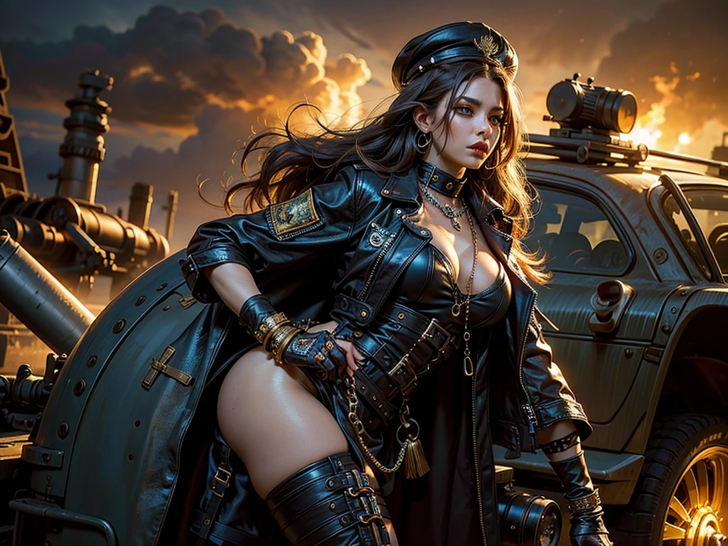 (Masterpiece, Best Quality), hombre hombres,
A breathtakingly beautiful young woman with long, radiant hair flowing in several punk-style colors,
dressed in the Mad Max style: leathers, suede, and chains. Her attire is adorned with intricate ornaments,
including a leather pilot's hat bedecked with metal studs. Her dynamic pose is both sensual and captivating,
with her captivating expression fixed directly on the camera.

The background showcases an epic illumination of a destructive scenery, where darkness reigns,
background scenery ablaze with explosions tearing through the night, casting