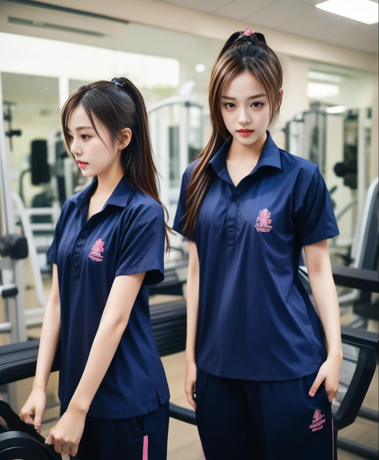 3 girls in fitness center, Navy blue short-sleeved shirt,Navy Long Trackpant,Sweatpants, Sweatpantsขายาว,25 year old girl, lesbian, sexy, exercise clothes, wet body, exercise clothes